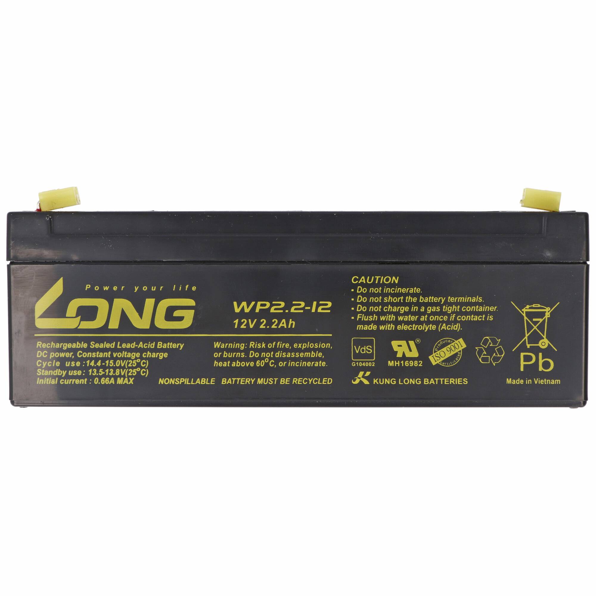 Schwarze LONG WP2.2-12 wiederaufladbare versiegelte Bleisäure-Batterie mit der Bezeichnung 12V 2,2Ah mit Warnsymbolen und Anschlüssen oben.