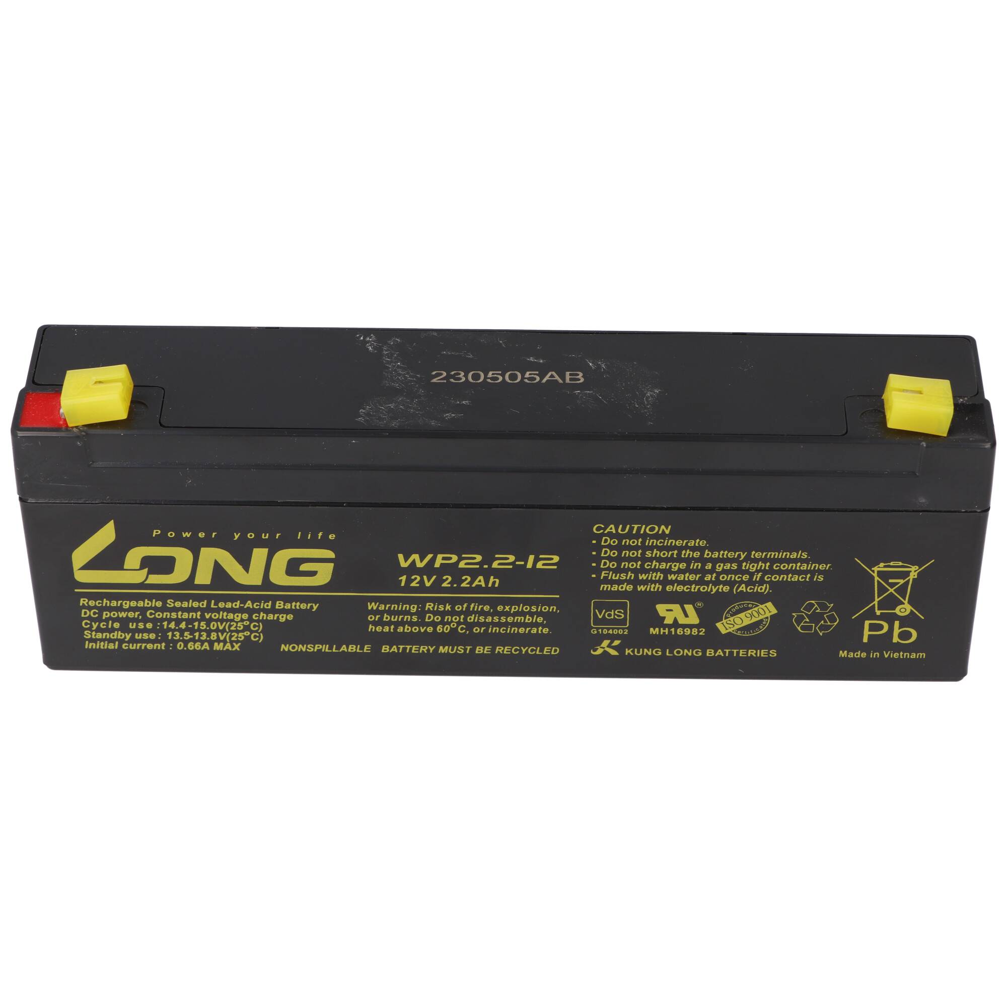 Schwarze wiederaufladbare versiegelte Blei-Säure-Batterie mit der Bezeichnung „WP2.2-12 12V 2,2Ah" mit gelben Polabdeckungen und Warn-/Recycling-Markierungen.