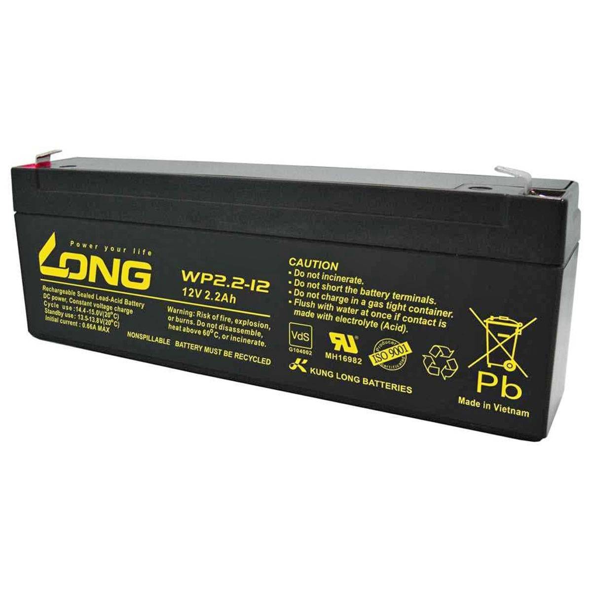 Schwarze wiederaufladbare versiegelte Blei-Säure-Batterie mit der Bezeichnung „LONG" WP2.2-12, 12V 2,2Ah, mit Sicherheitswarnungen und Recycling-Symbolen.
