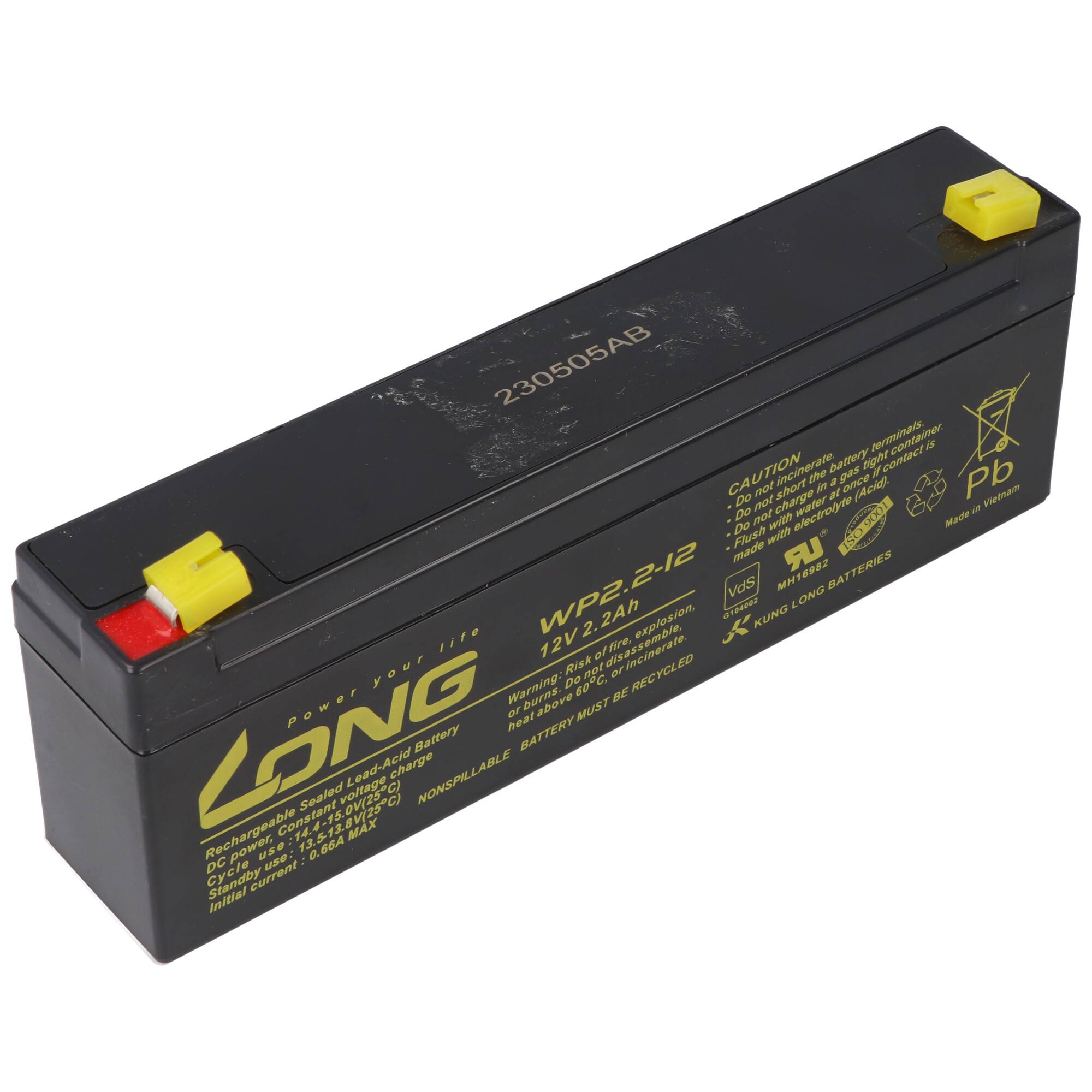 Schwarze versiegelte Blei-Säure-Batterie mit gelben Anschlüssen, beschriftet mit 12V 2,2Ah und „Pb", auf weißem Hintergrund dargestellt.