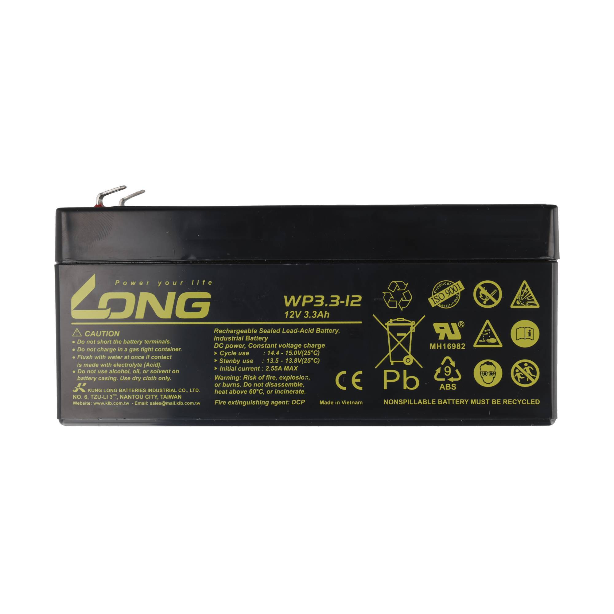 Schwarze LONG wiederaufladbare versiegelte Blei-Säure-Batterie mit der Bezeichnung WP3.3-12, 12V 3,3Ah, mit gelben Warn- und Recycling-Symbolen.