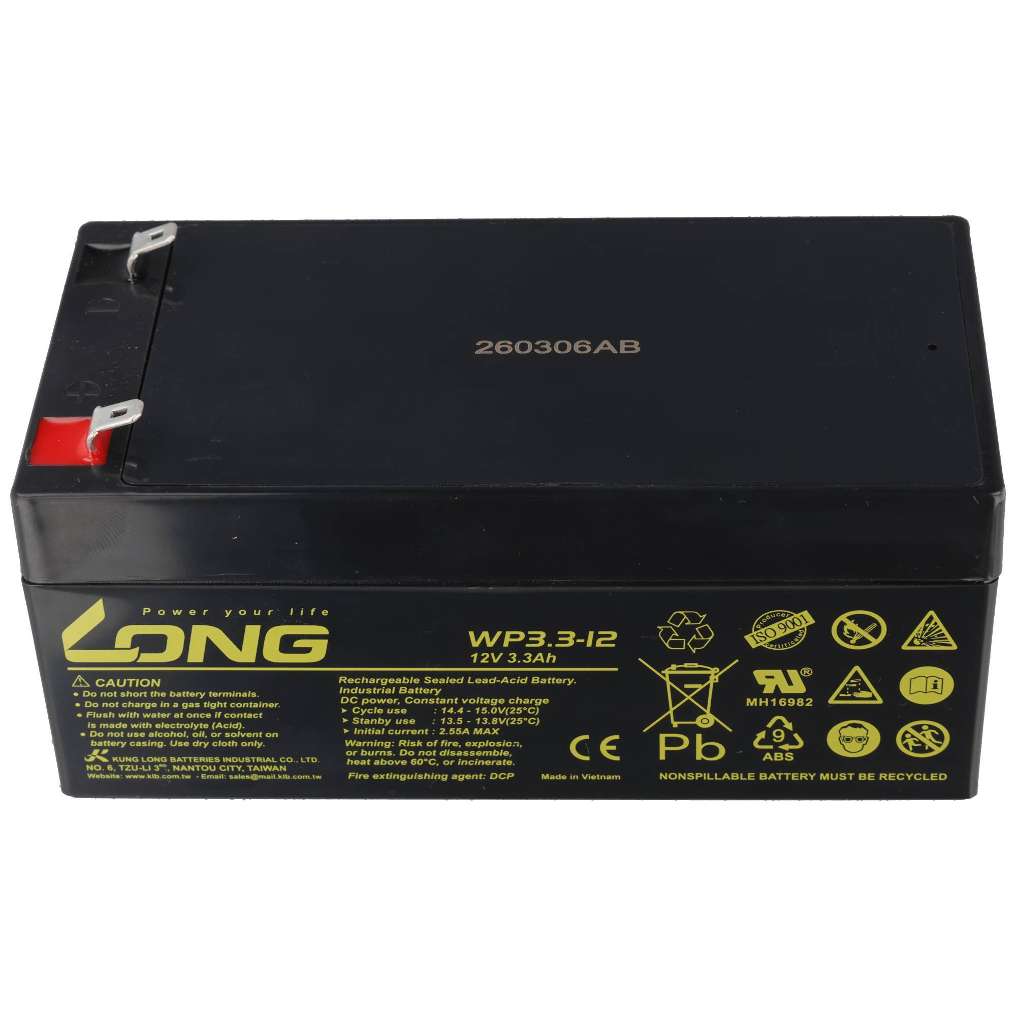 Schwarze wiederaufladbare verschlossene Blei-Säure-Batterie mit der Bezeichnung „DNG WPP3-12" und „12V 3,3Ah"" mit roten und schwarzen Anschlüssen oben.