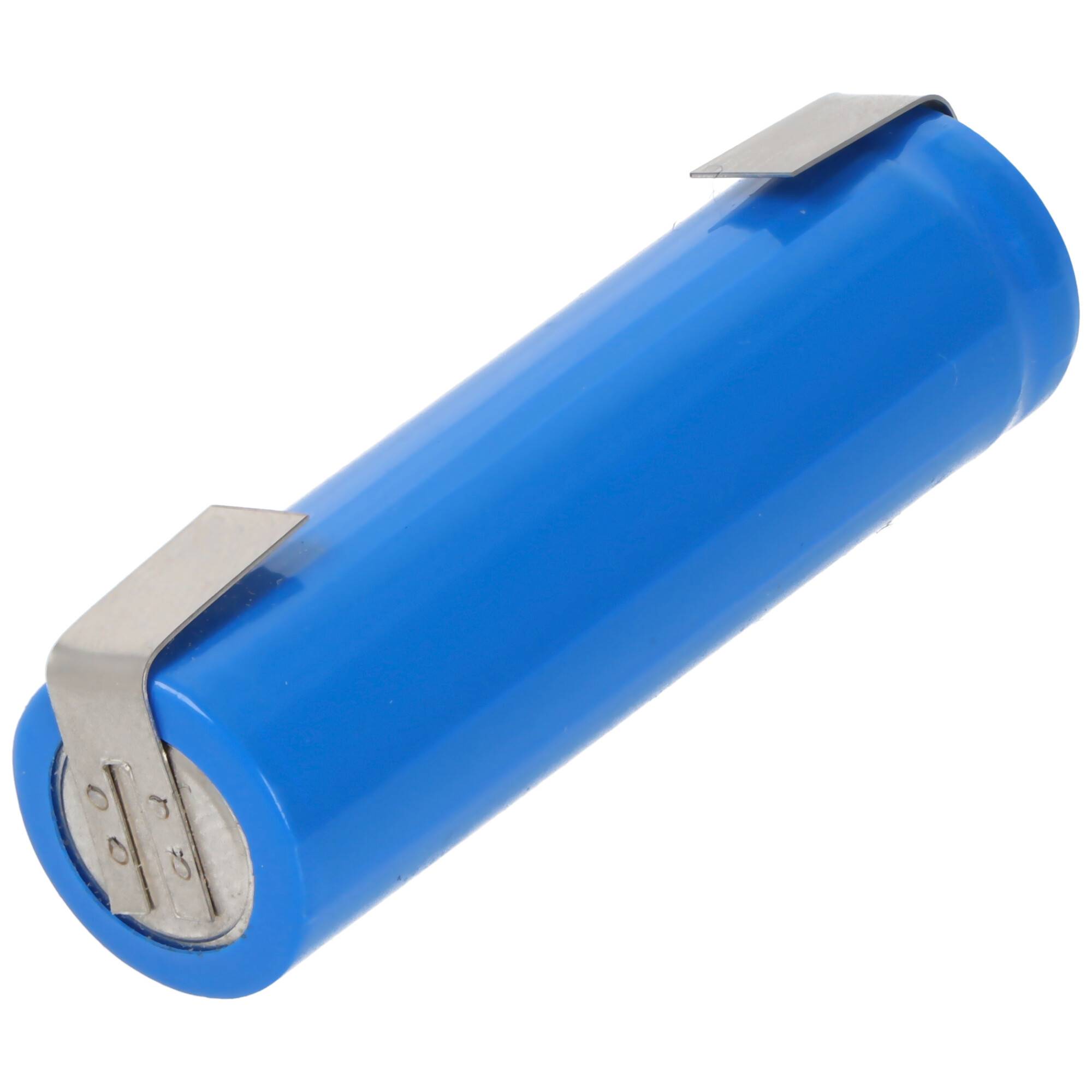 Blaue zylindrische wiederaufladbare Batterie mit Metallklemmen und Seitenkontakten auf weißem Hintergrund