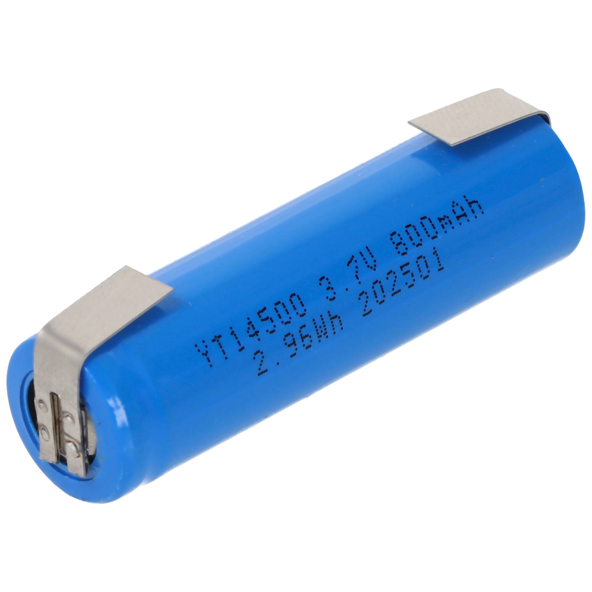 Blaue zylindrische aufladbare Batteriezelle mit Metallfahnen und gedruckten Spezifikationen, auf weißem Hintergrund dargestellt.