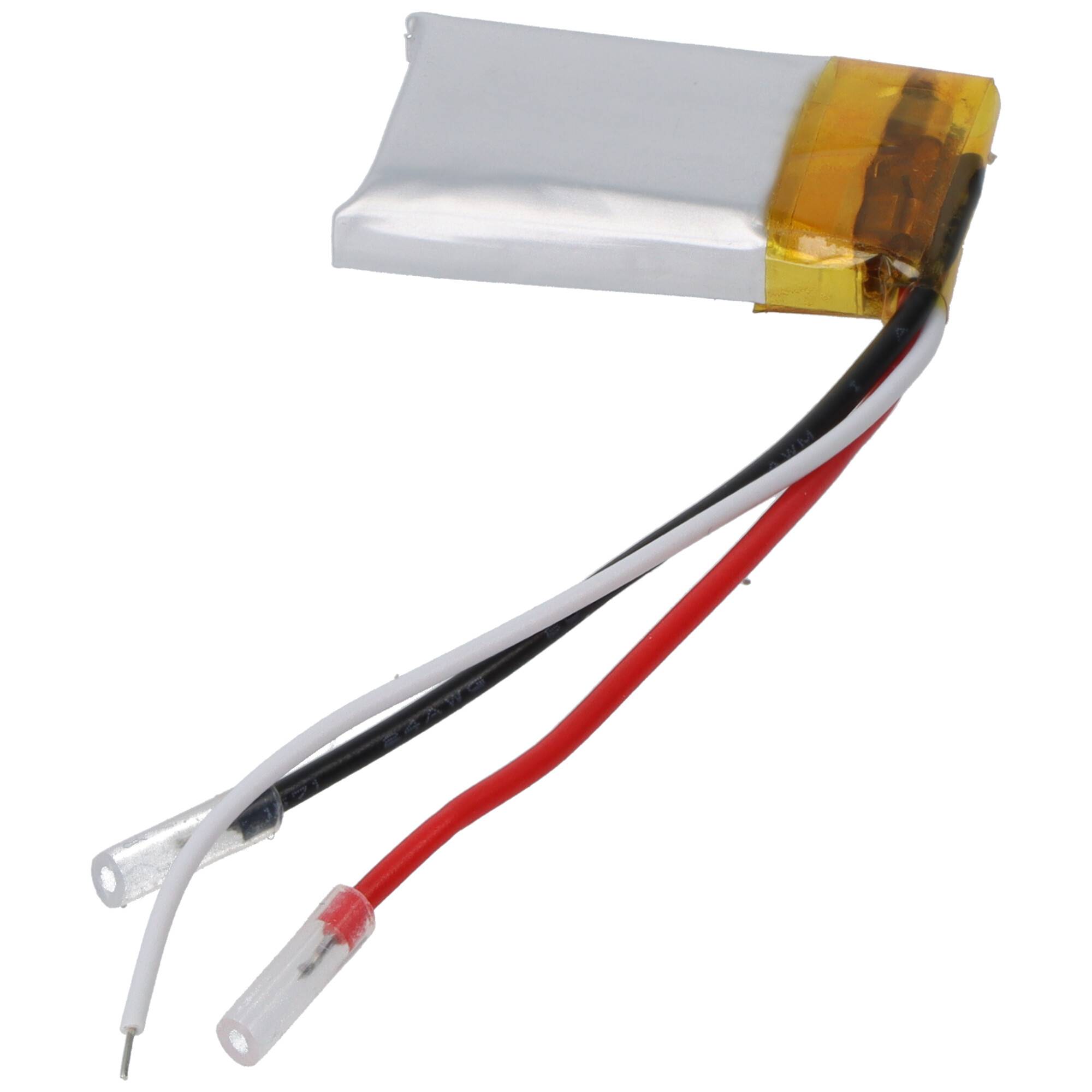Kleines Lithium-Polymer-Akkupaket mit roten, schwarzen und weißen Drähten, die in Steckverbindern enden.