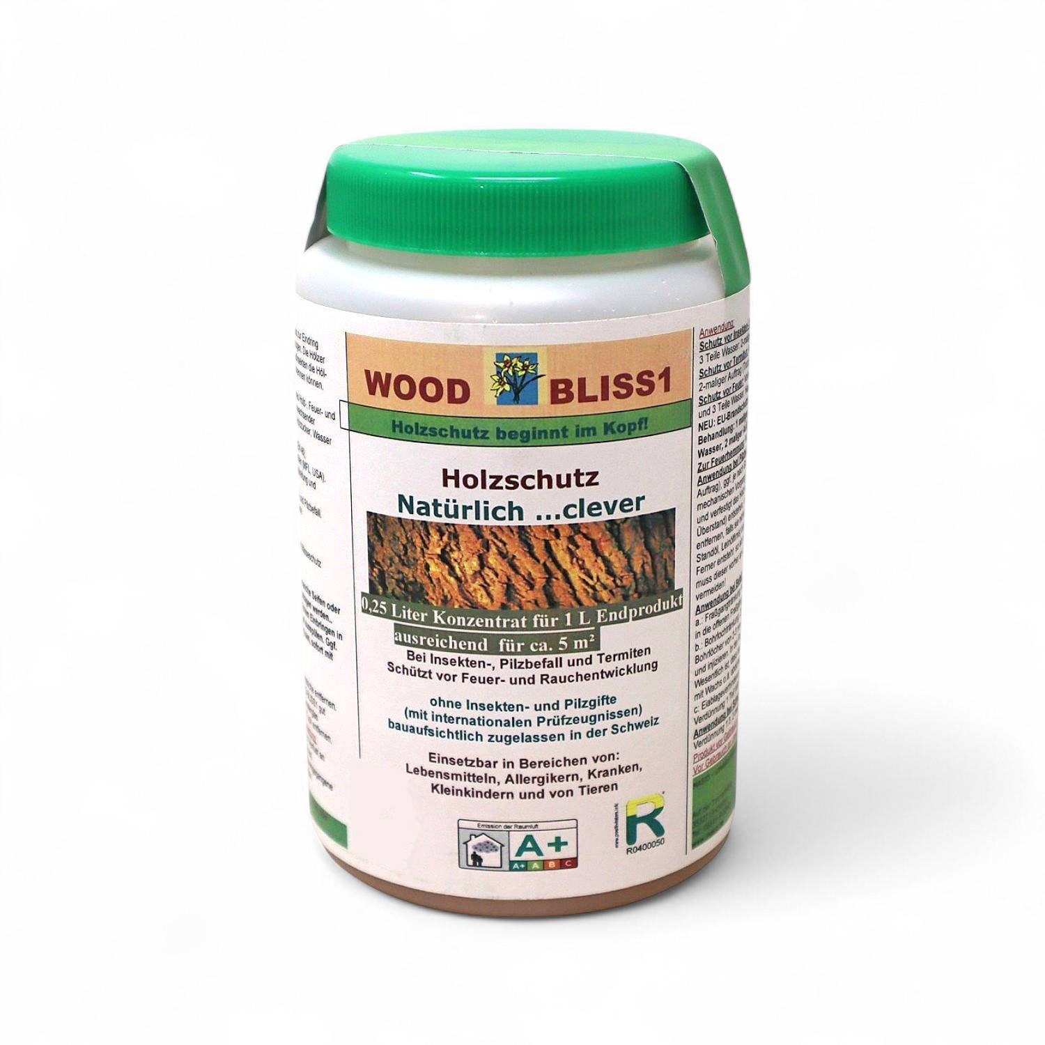 Glas mit WOOD BLISS1 Holzschutzmittel mit grünem Deckel und deutschem Etikett, das ein natürliches Holzschutzprodukt zeigt.