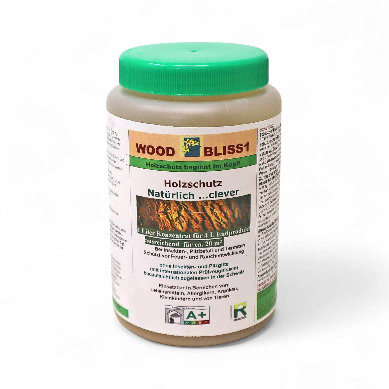 Ein Glas WOOD BLISS Holzkonservierungsmittel mit grünem Deckel und deutschem Etikett, gezeigt auf weißem Hintergrund.