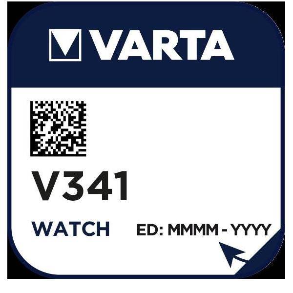 Etikett der VARTA V341 Knopfzelle mit QR-Code und Text 'ED: MMMM - YYYY', der Platz für das Ablaufdatum angibt.