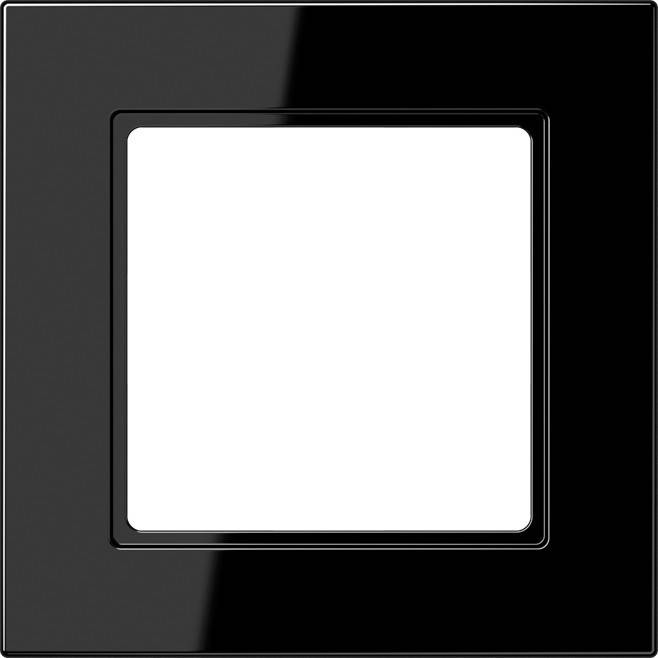 Ein schwarzer quadratischer Rahmen mit glänzender Oberfläche umgibt ein zentrales weißes Quadrat und erinnert an einen minimalistischen Lichtschalter oder Steckdosendeckel.