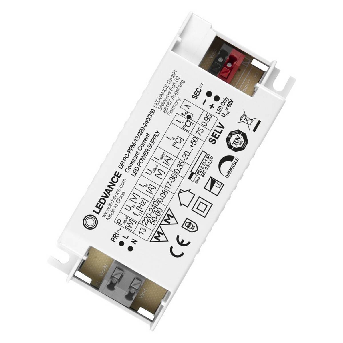 LEDVANCE LED-Treibermodul auf weißem Hintergrund dargestellt, mit gedruckten elektrischen Spezifikationen und sichtbaren Anschlussklemmen.
