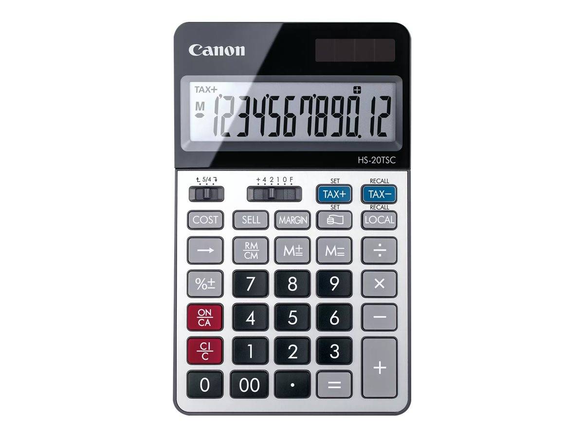 Canon Desktop-Rechner mit großem LCD-Display, das '1234567890.12' anzeigt, sowie Tasten für Steuern, Speicher und grundlegende Arithmetik.