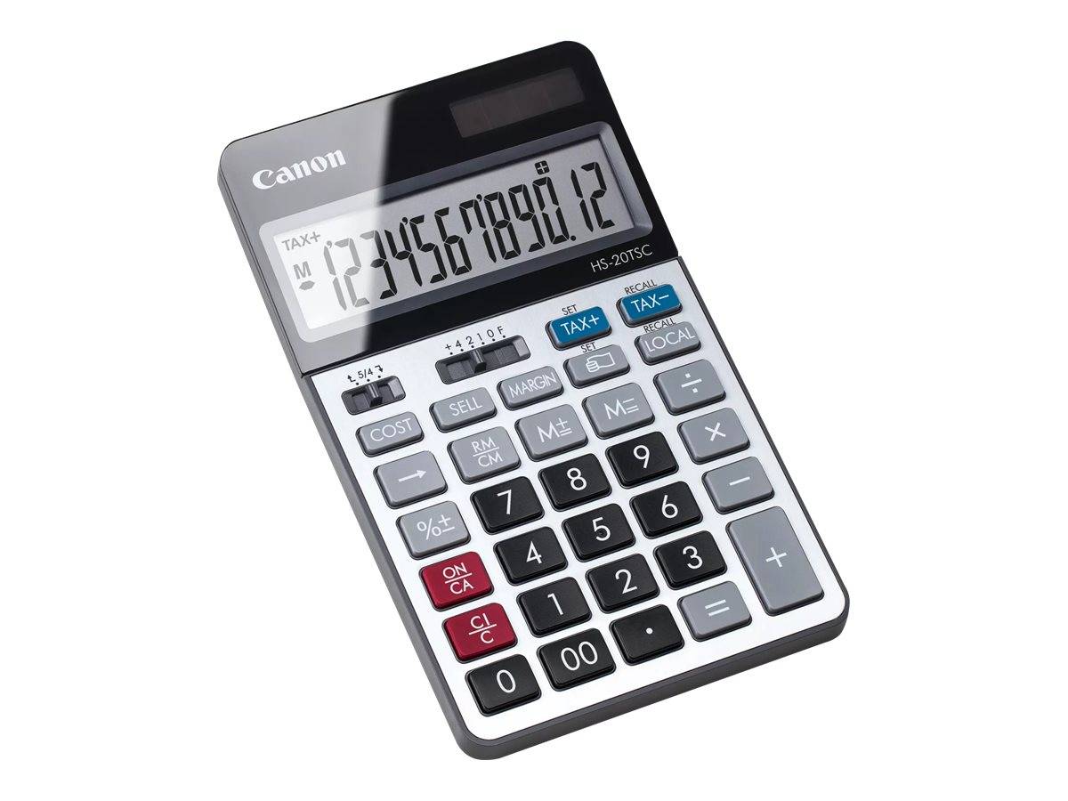 Canon Tischrechner mit großem numerischem Display und Steuer-/Funktionstastten auf weißem Hintergrund