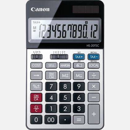 Canon Finanzrechner mit großem Display und Tasten für Steuern, Kosten, Gewinnspanne, Speicher und grundlegende Rechenoperationen.