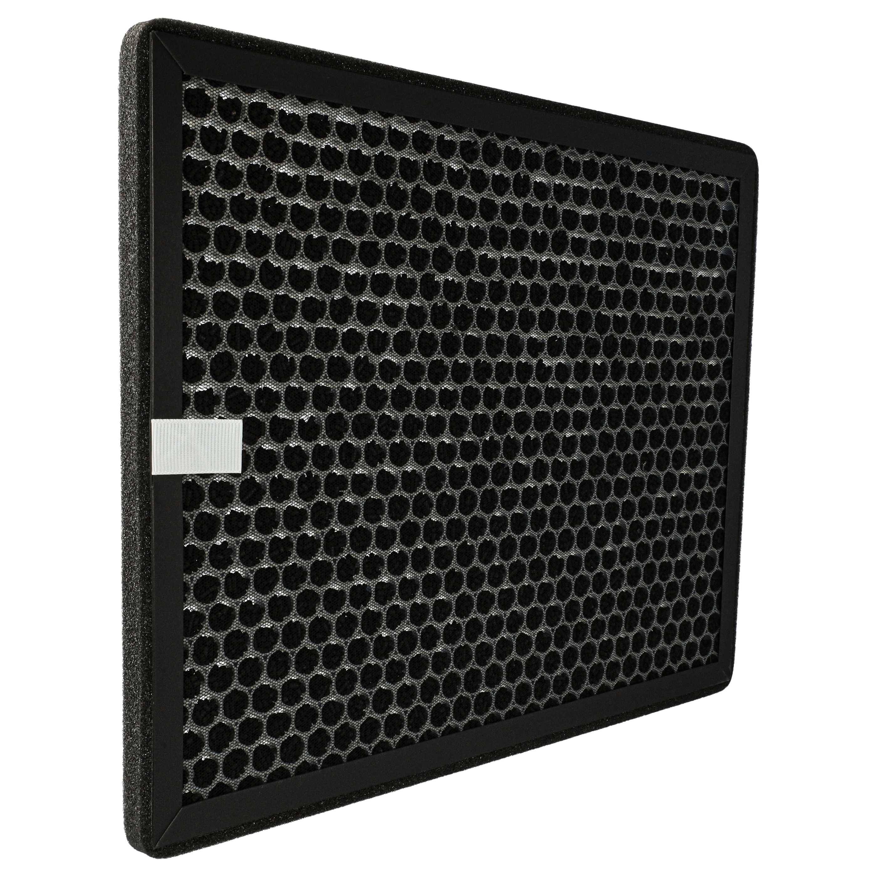 Ein rechteckiger Luftfilter mit einer schwarzen Wabenmuster-Oberfläche und einem kleinen weißen Etikett an der Seite.