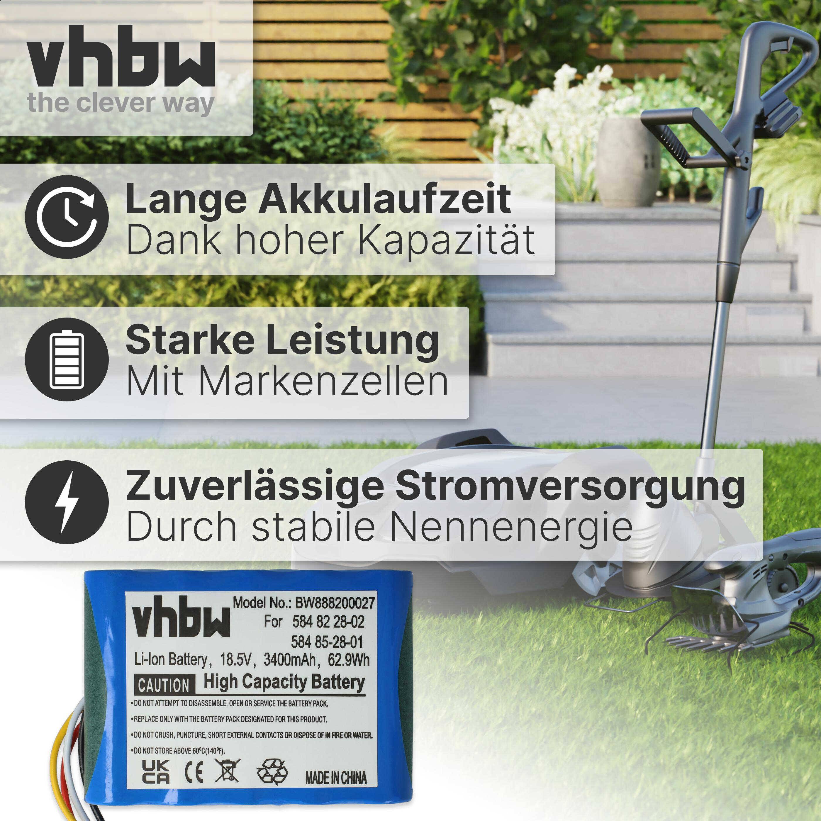 vhbw Akku kompatibel mit Gardena Smart Sileno free 1500, Smart Sileno free 1200, Smart Sileno free 1000 Rasenmäher (3400mAh 18,5V Li-Ion)