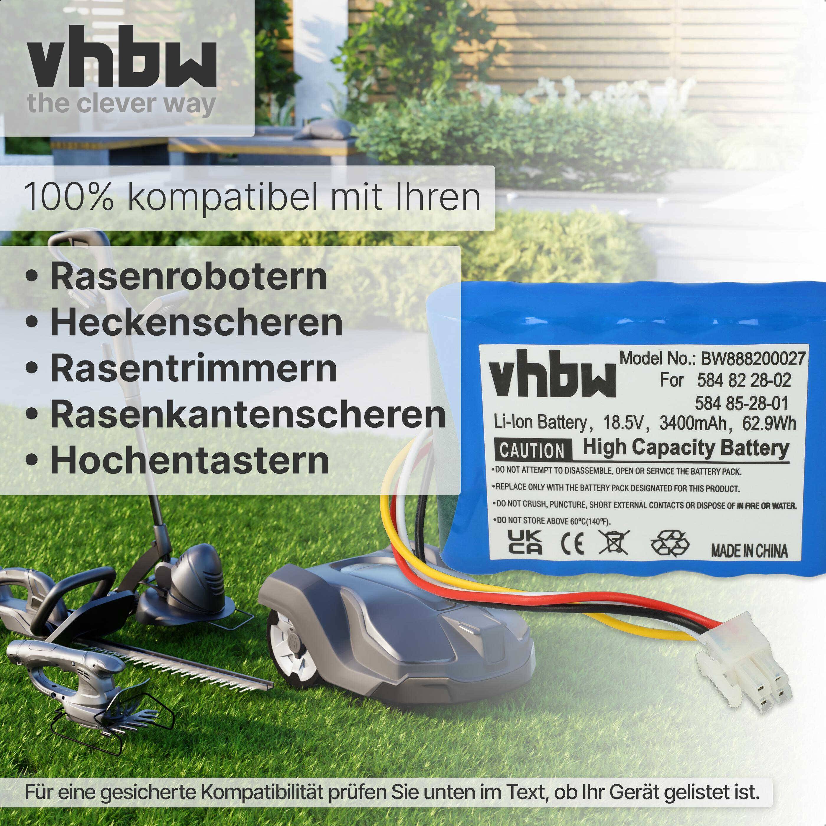 vhbw Akku kompatibel mit Gardena R100Li, R130Li, R160Li 2016, R160Li 2017, R160Li 2018, Sileno, Sileno+ Mähroboter Rasenroboter Li-Ion 3400mAh 18.5V