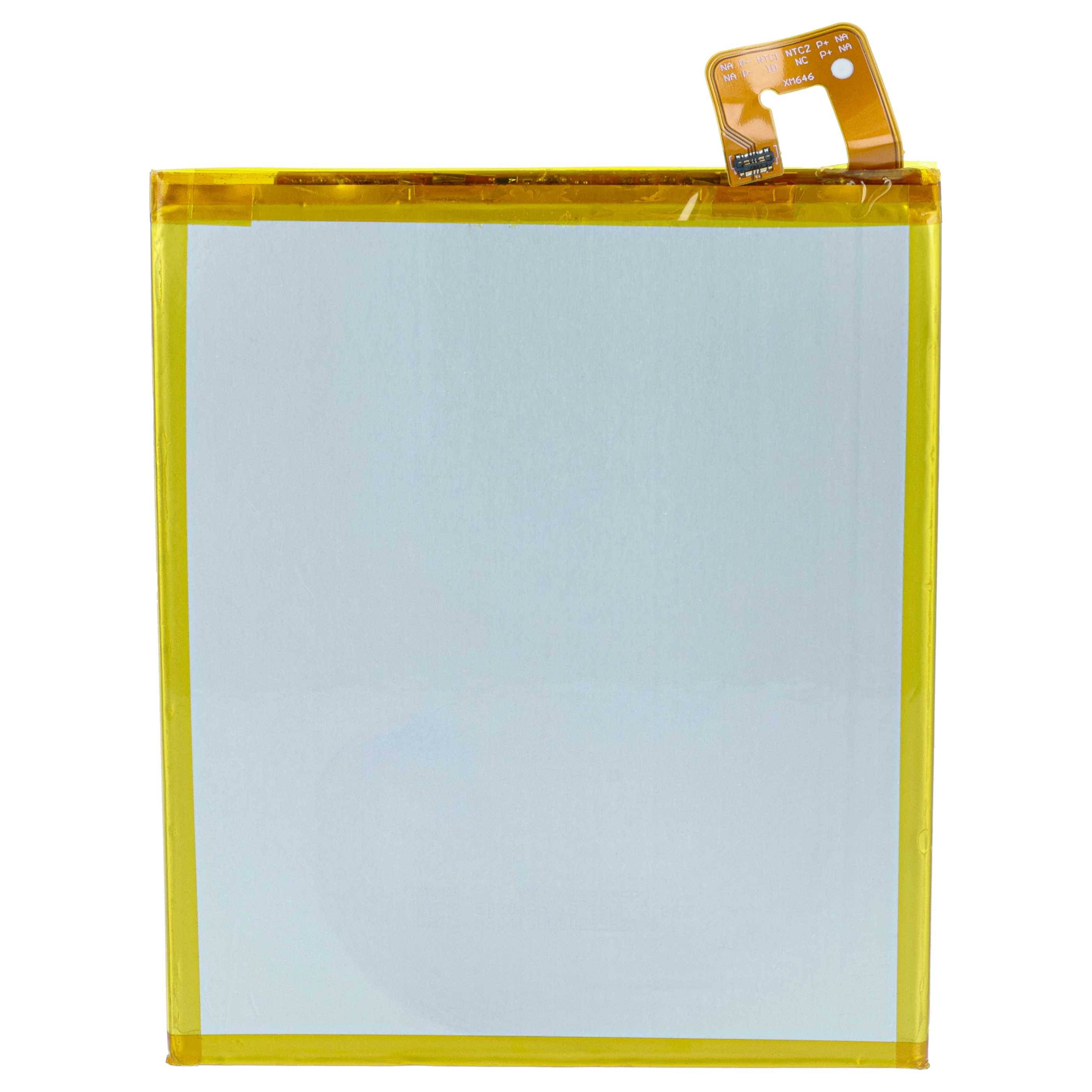 Eine rechteckige Lithium-Polymer-Batteriezelle mit einem gelben Rand und einem orangefarbenen Anschlussreiter in der oberen rechten Ecke.