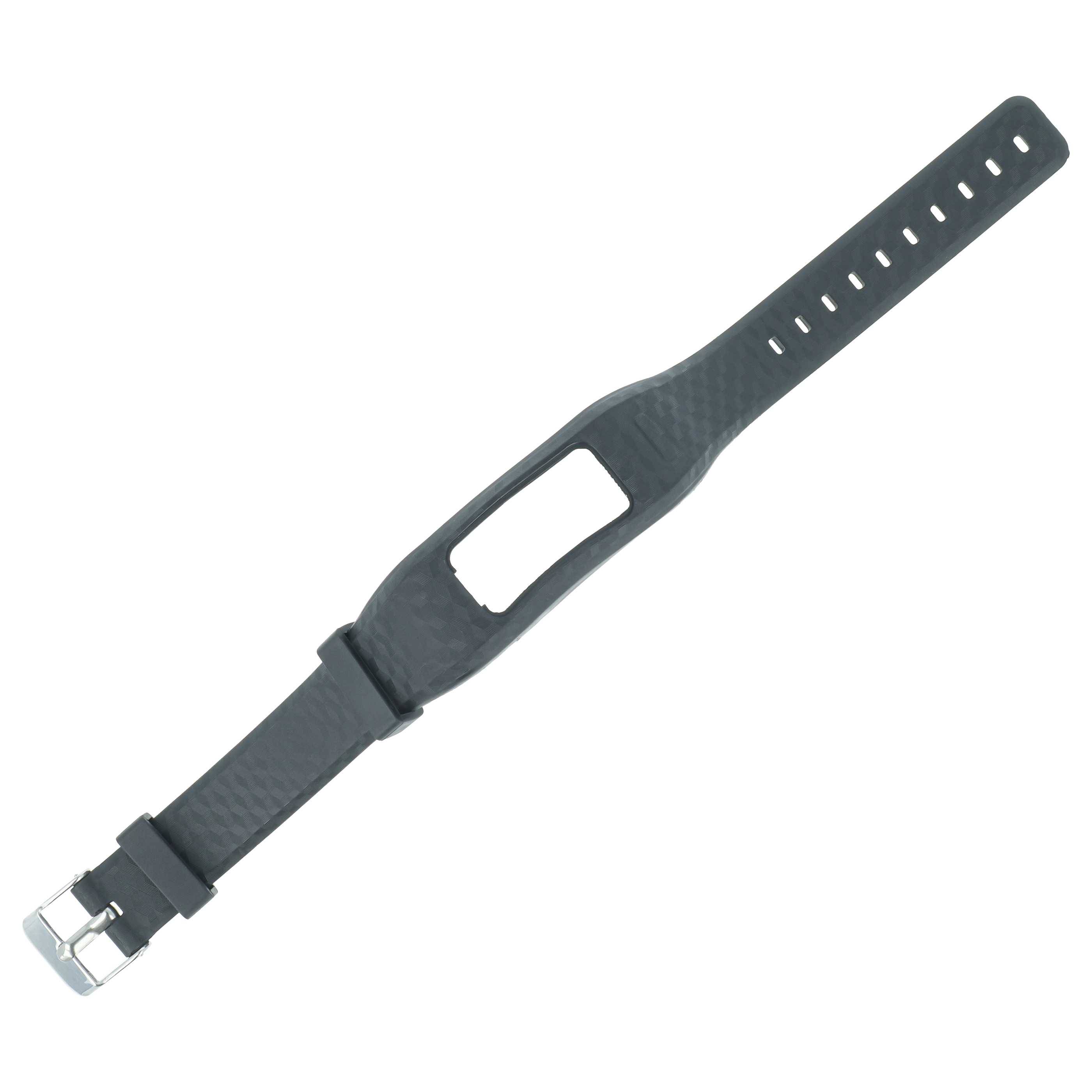 Schwarzes Uhrenarmband mit Schnalle und rechteckigem Ausschnitt in der Mitte, gezeigt auf weißem Hintergrund.