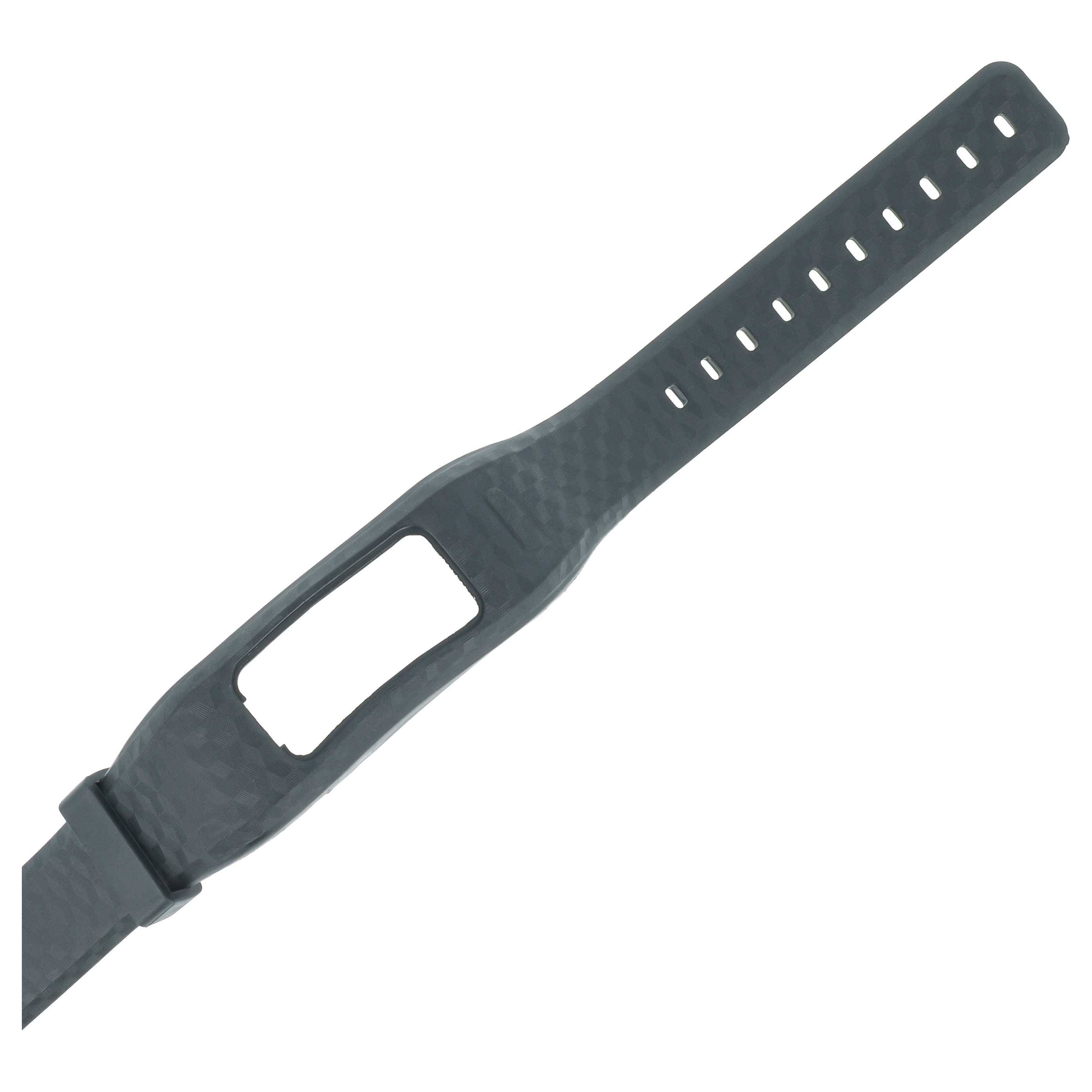 Nahaufnahme eines schwarzen Silikon-Uhrenarmbands mit rechteckiger Aussparung und mehreren Verstellungslöchern auf weißem Hintergrund.