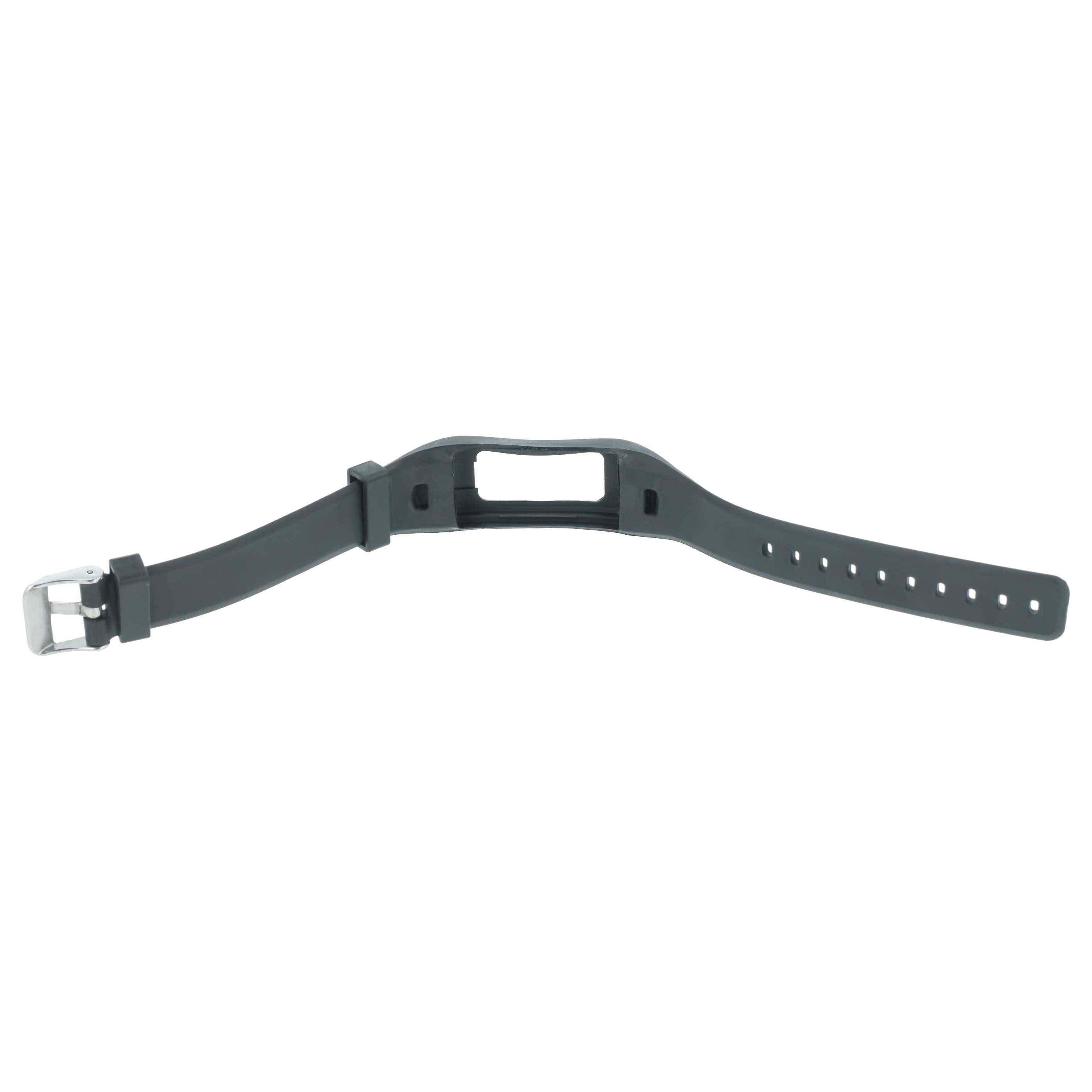 Schwarzes Kunststoff-Uhrenarmband mit Metallschnalle, isoliert auf weißem Hintergrund dargestellt.