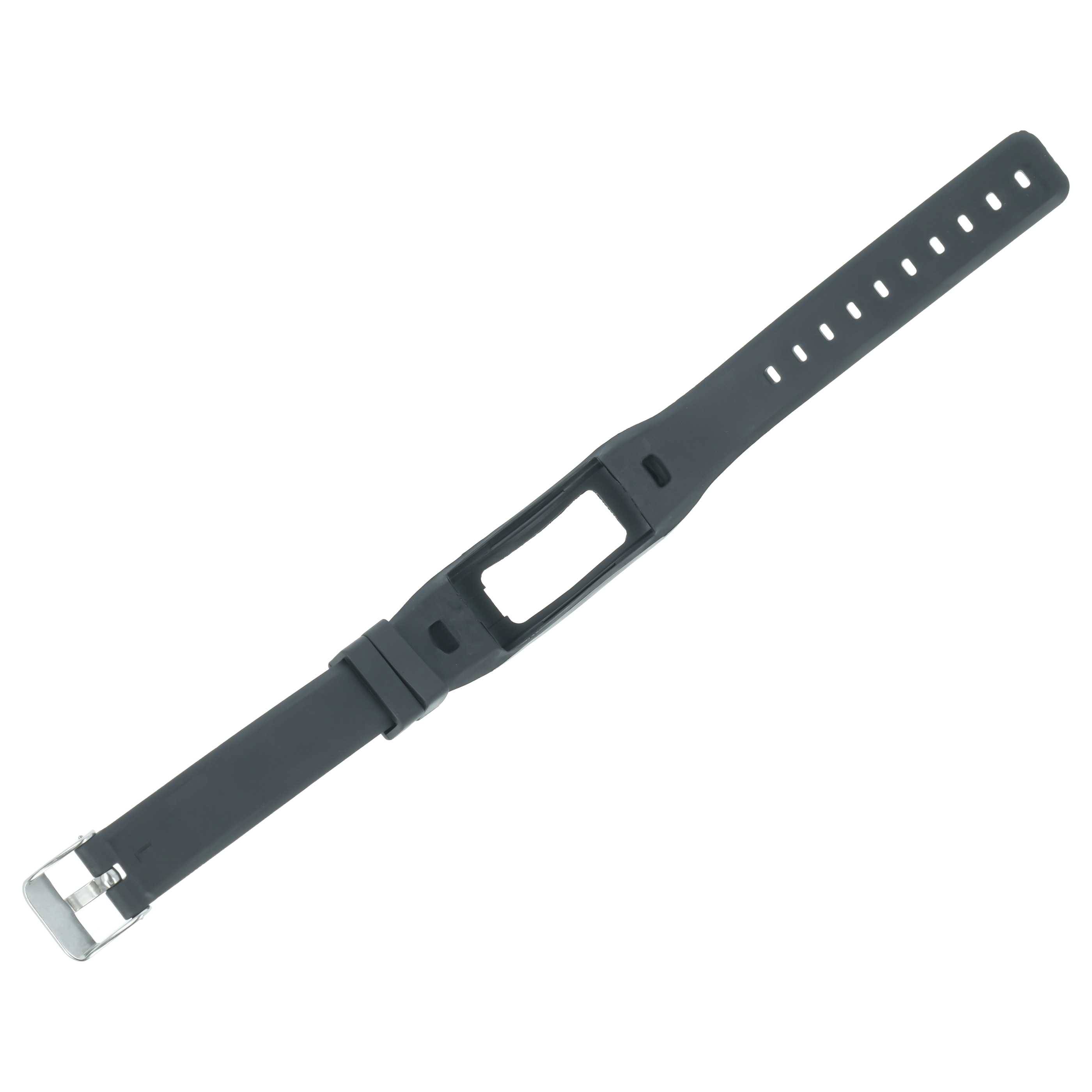 Schwarzes Gummi-Uhrenarmband mit silberner Schnalle und rechteckiger Öffnung, isoliert auf weißem Hintergrund dargestellt.
