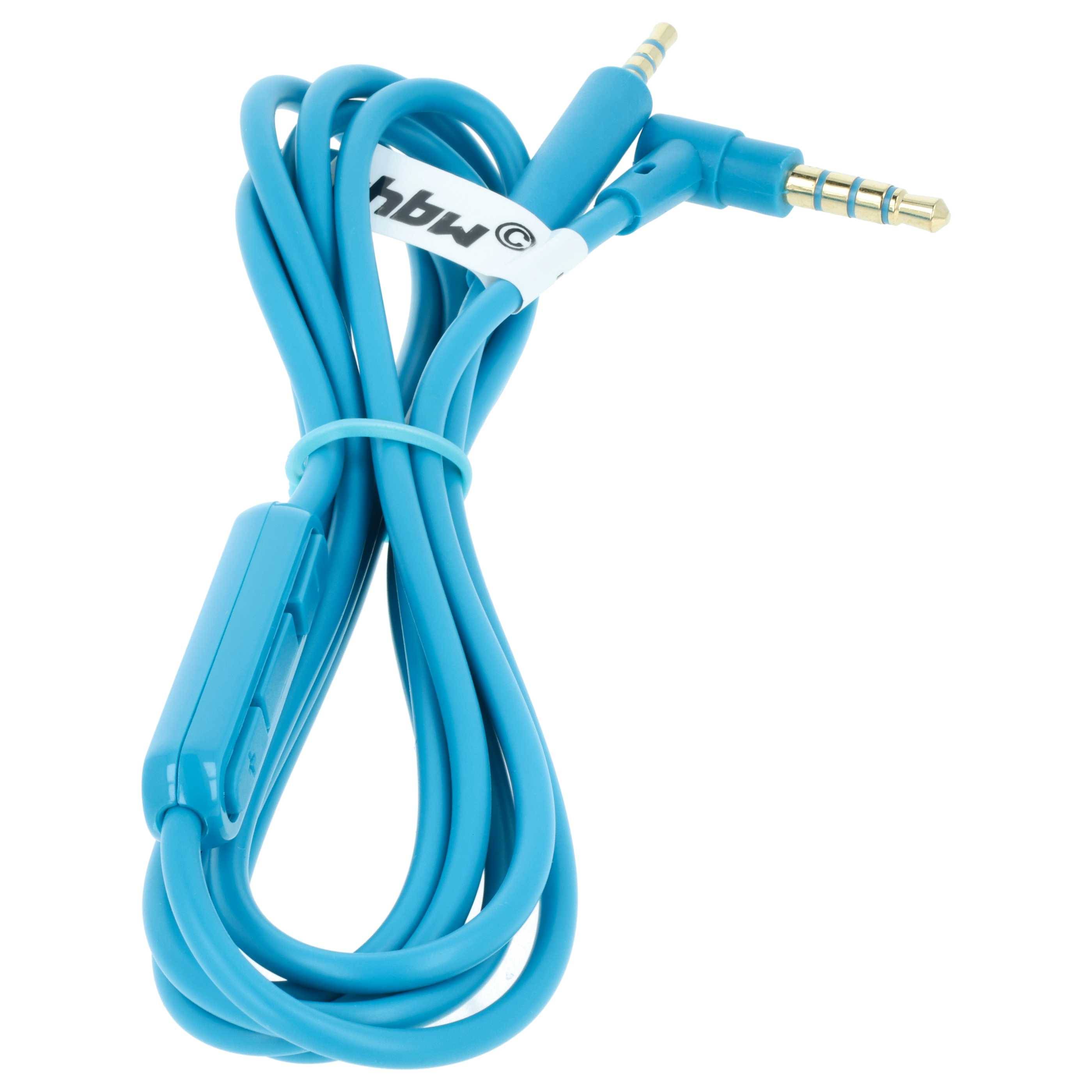 Blaues 3,5-mm-Audiokabel mit Inline-Steuerung, aufgerollt und auf weißem Hintergrund dargestellt.