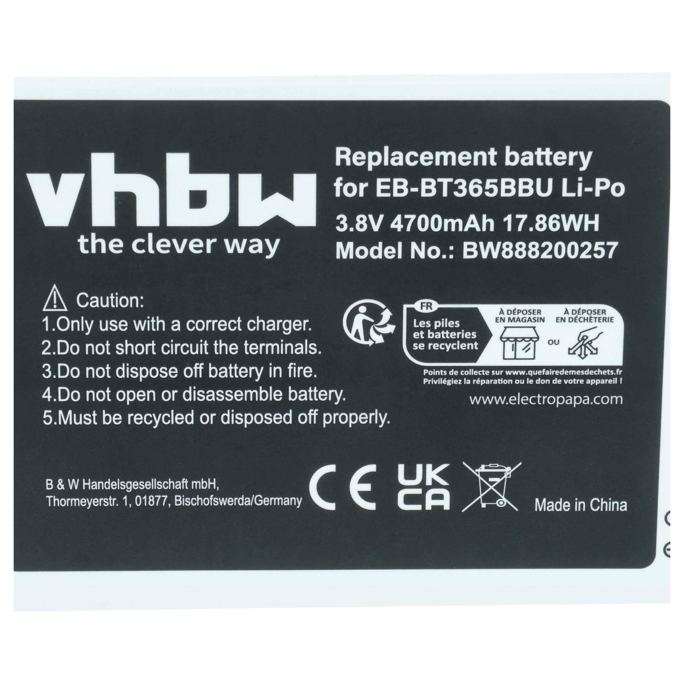 vhbw 1x Akku kompatibel mit Samsung Galaxy Tab Active | Active 2, Active 2 8.0, Active 2 8.0 LTE, Active 2 8.0 TD-LTE Tablet Pad (4700 mAh, 3,8