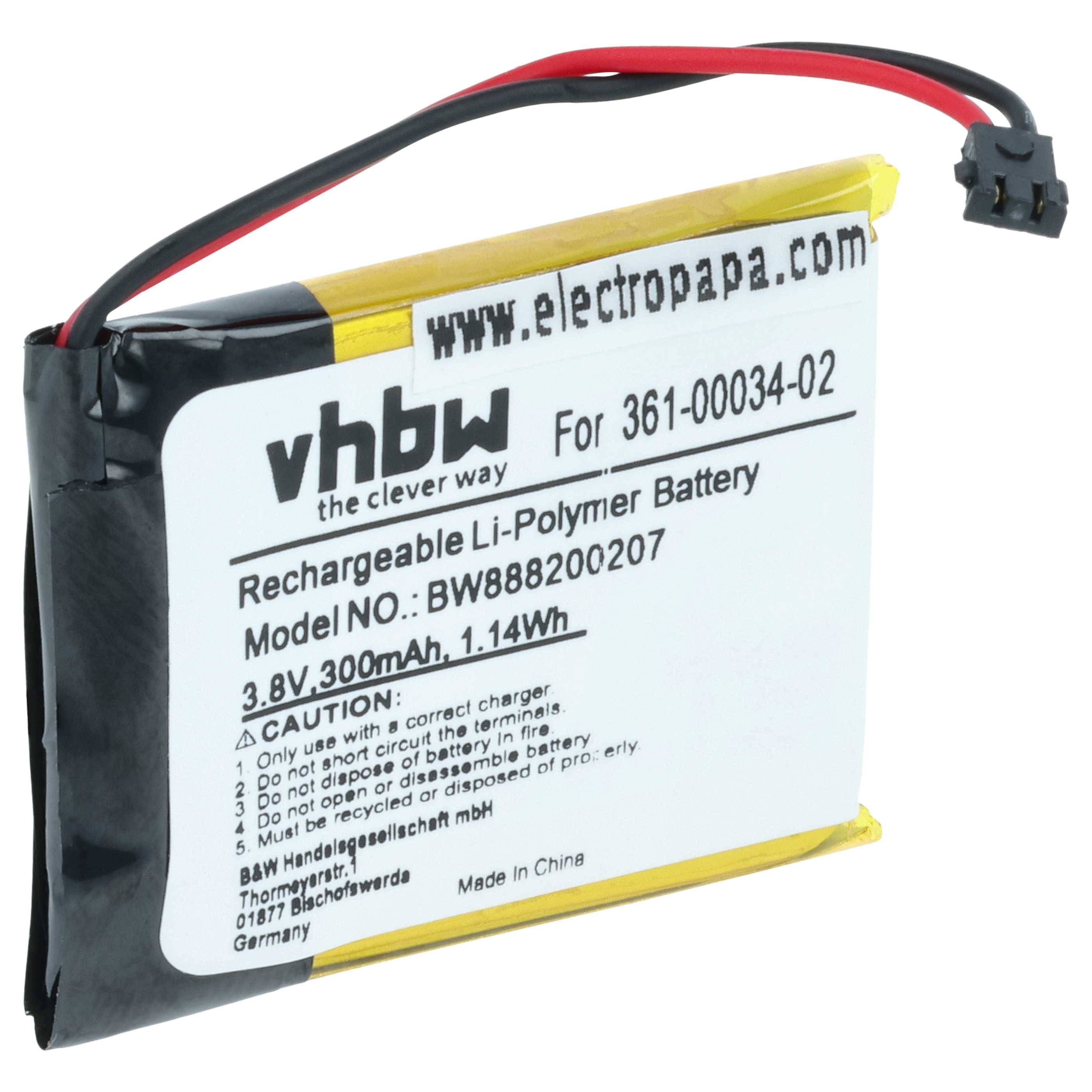 Wiederaufladbare Li-Polymer-Batterie mit Modell 'BWB88200207', 3,8V, 300mAh, 1,14Wh, von vhbw. Enthält Warn- und Bedienungshinweise.