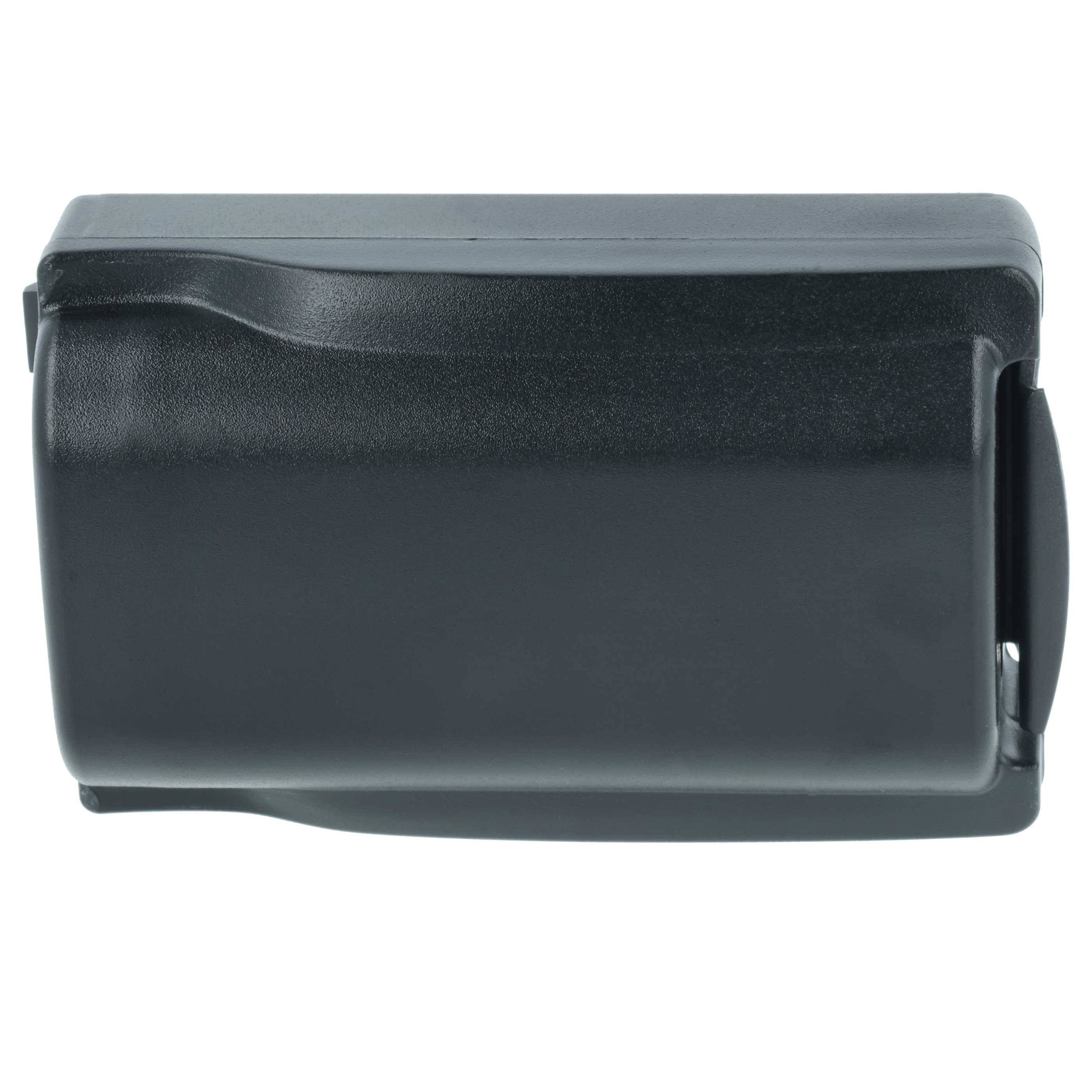 Eine schwarze Lederkameratasche, von der Seite gesehen, mit Reißverschluss und Tragegriff, die dazu bestimmt ist, fotografische Ausrüstung zu schützen.