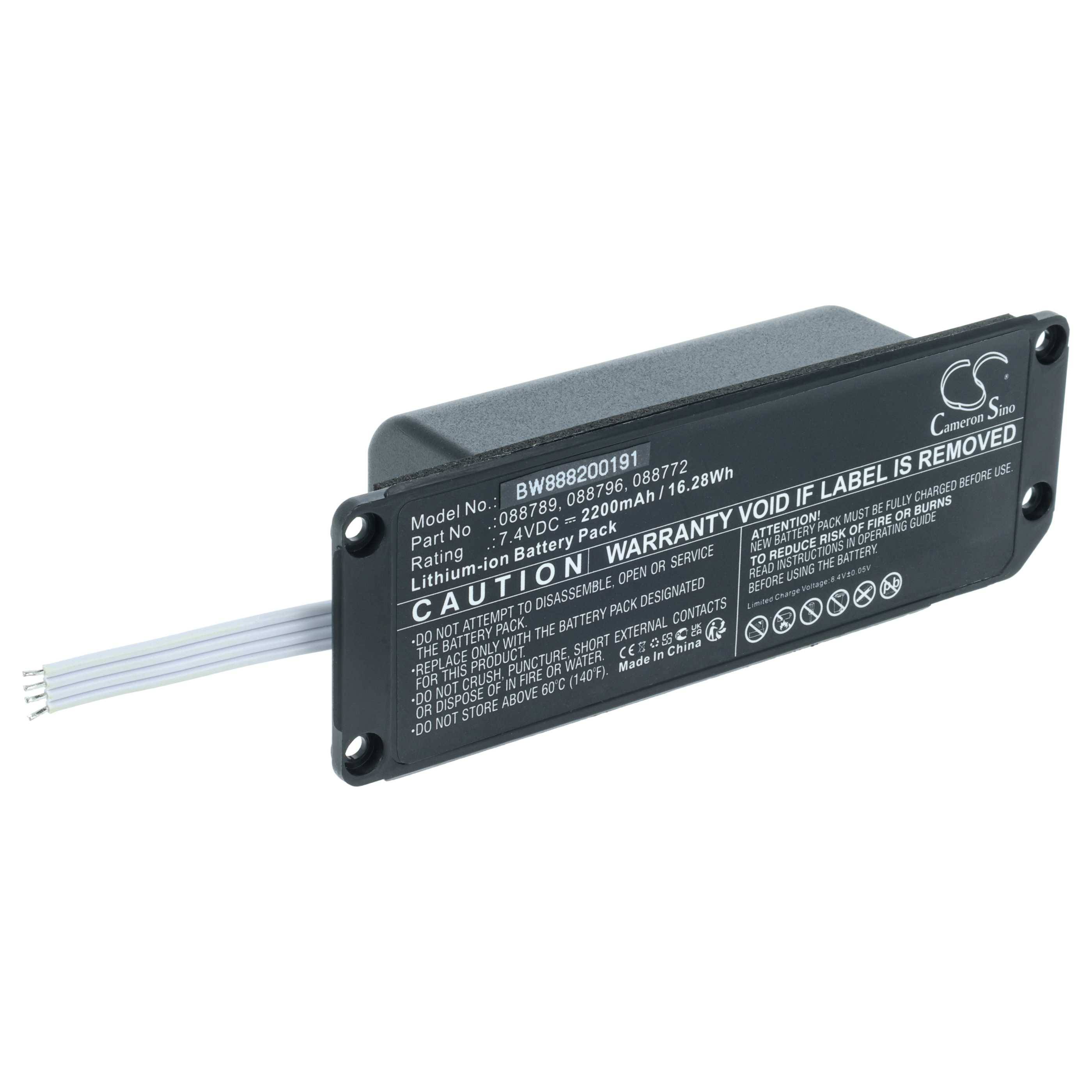 Ein rechteckiges Lithium-Ionen-Batteriepaket mit Warnschild. Schwarzes Gehäuse. Modell: BW8982091B1. Teilenummer: 106859. 20V, 2,2Ah.