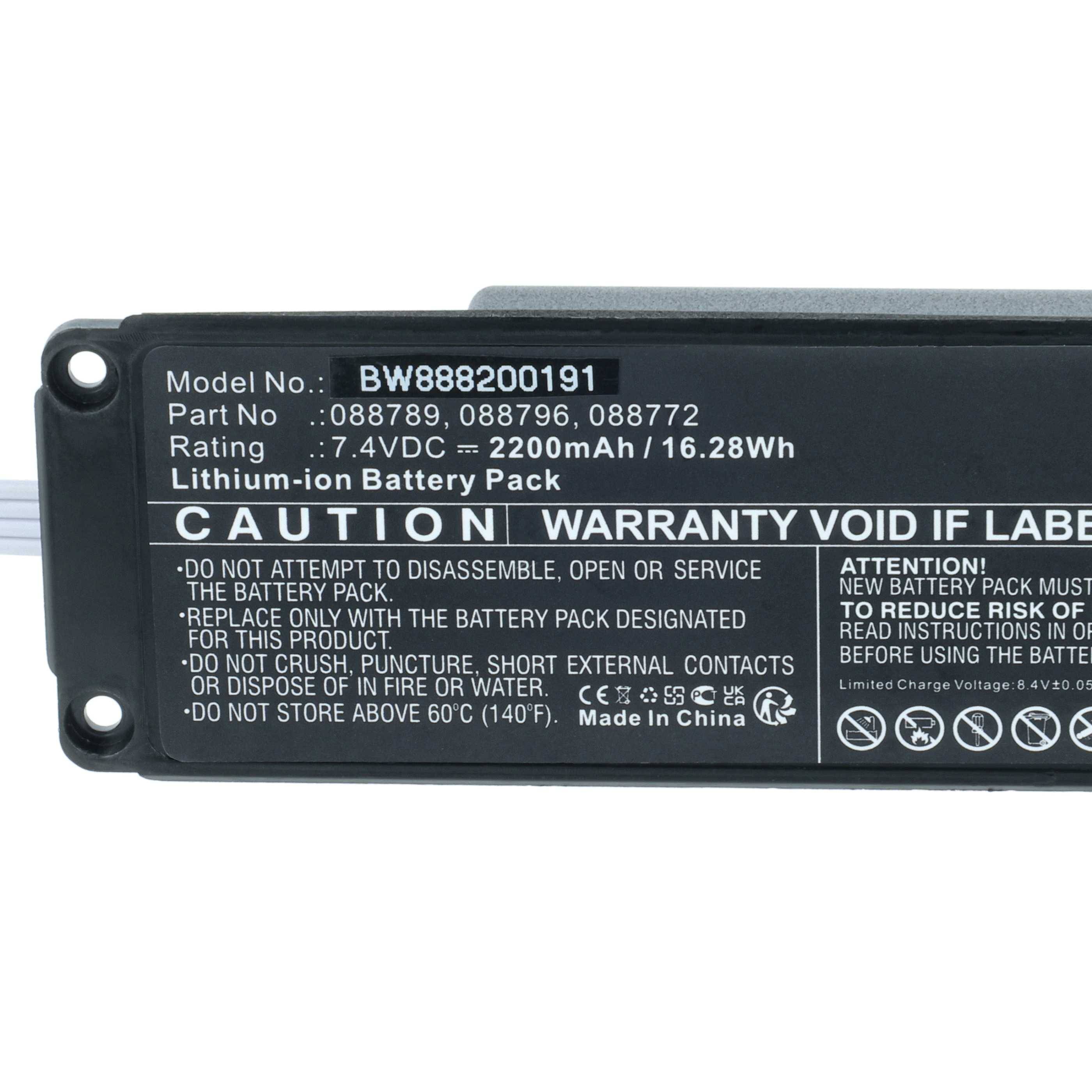 Ein schwarzes Lithium-Ionen-Akkupack mit Warnhinweisen, nicht zu zerlegen oder Hitze auszusetzen. Modellnummer BW8882080191, 7,4V, Kapazität 2200mAh.