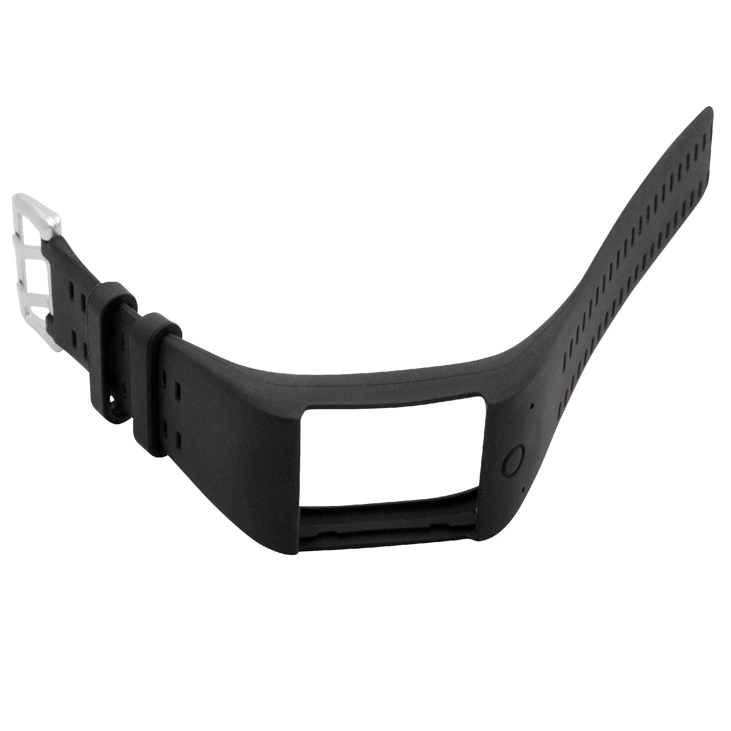 Ein schwarzes digitales Uhrenarmband mit einer silbernen Schnalle, entworfen für ein bestimmtes Uhrenmodell, gezeigt ohne das Uhrengesicht.