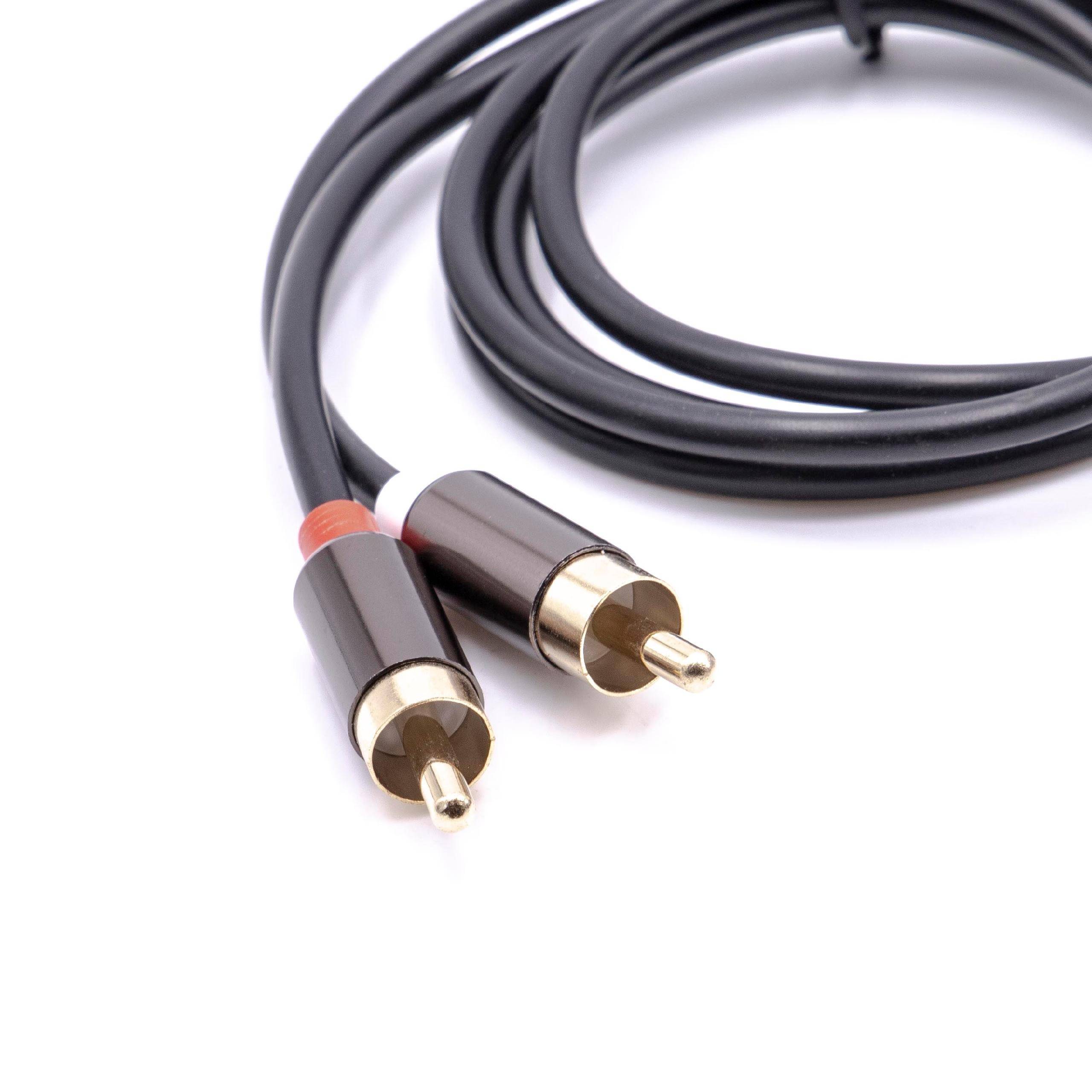 Nahaufnahme von zwei schwarzen RCA-Audiokabeln mit vergoldeten Steckverbindern auf weißem Hintergrund.