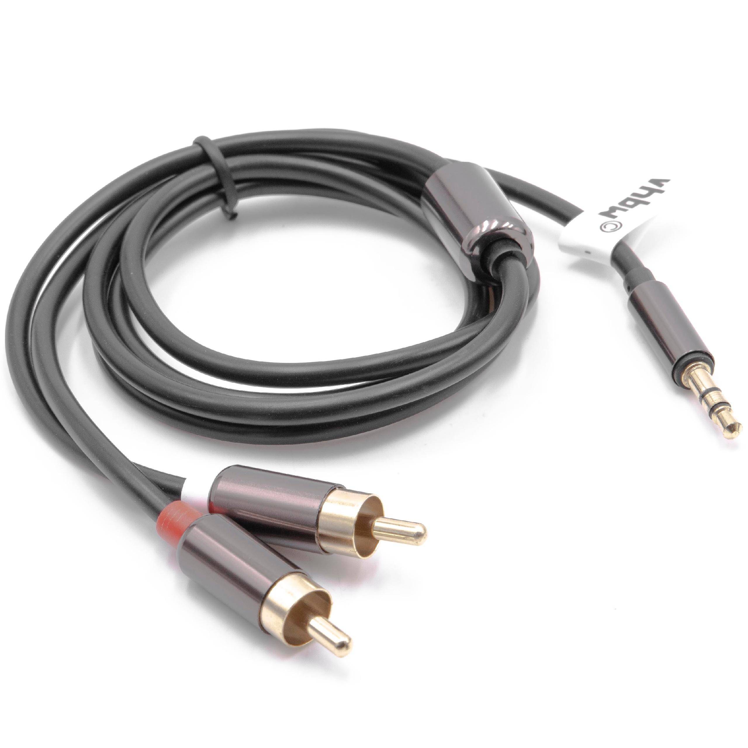 Aufgerolltes schwarzes Audiokabel mit RCA-Steckern an einem Ende und einem 3,5-mm-Klinkenstecker auf der anderen Seite.