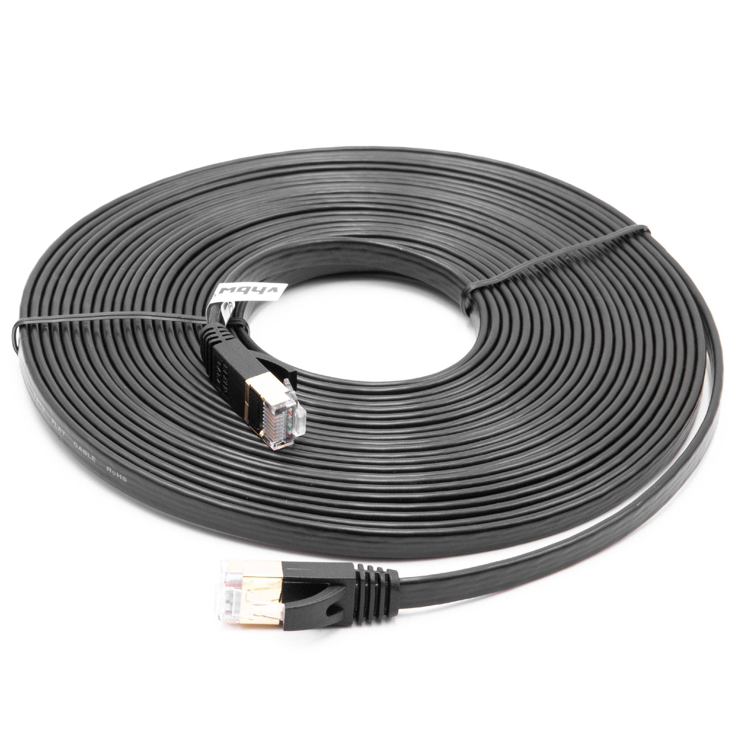 Ein schwarzes Ethernet-Kabel, das in einem Kreis aufgerollt ist und an jedem Ende RJ45-Stecker hat, was anzeigt, dass es für Netzwerkverbindungen bereit ist.