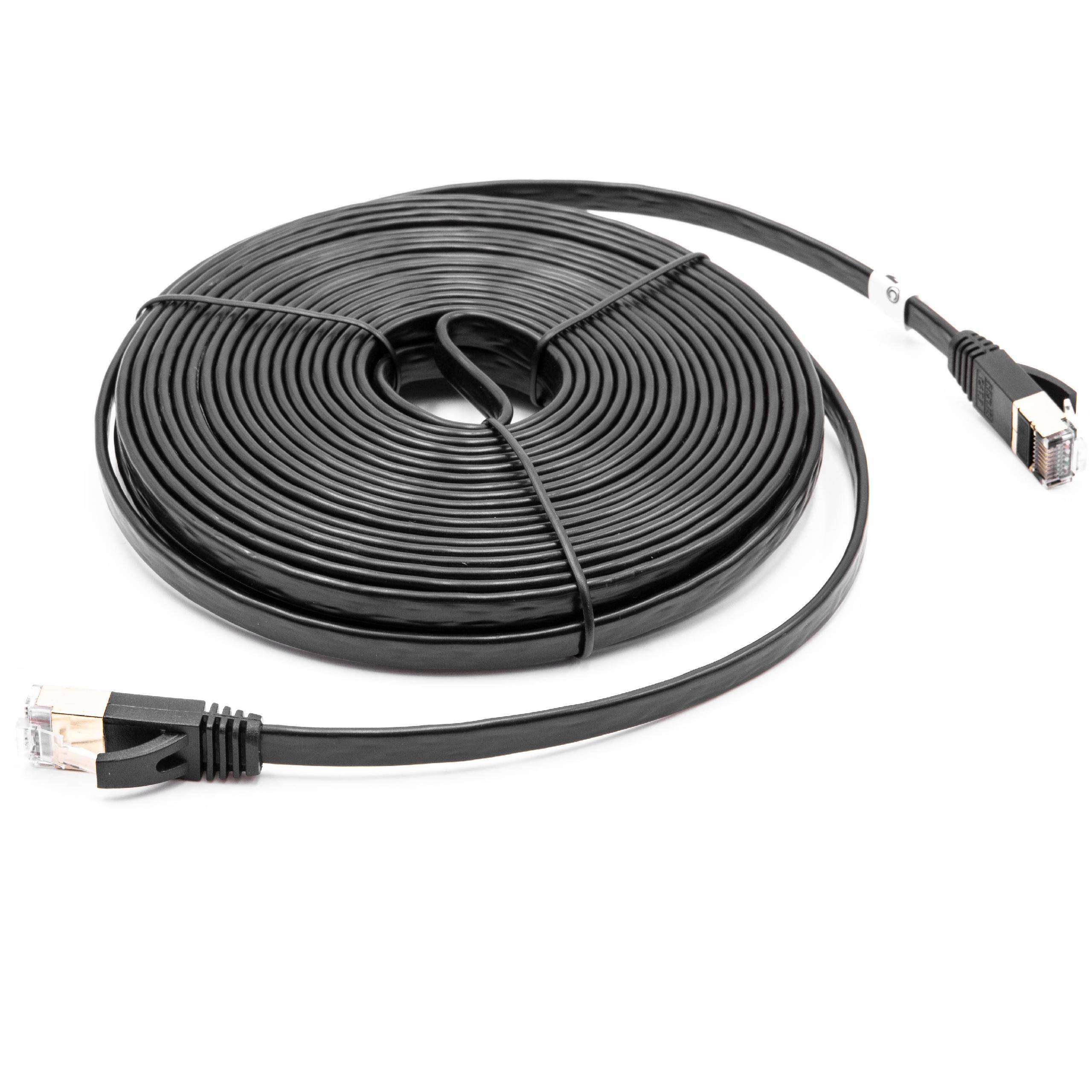 Ein langes, aufgerolltes schwarzes Ethernet-Kabel mit je zwei RJ45-Steckern an jedem Ende, geeignet für Netzwerkverbindungen oder Datenübertragungen.