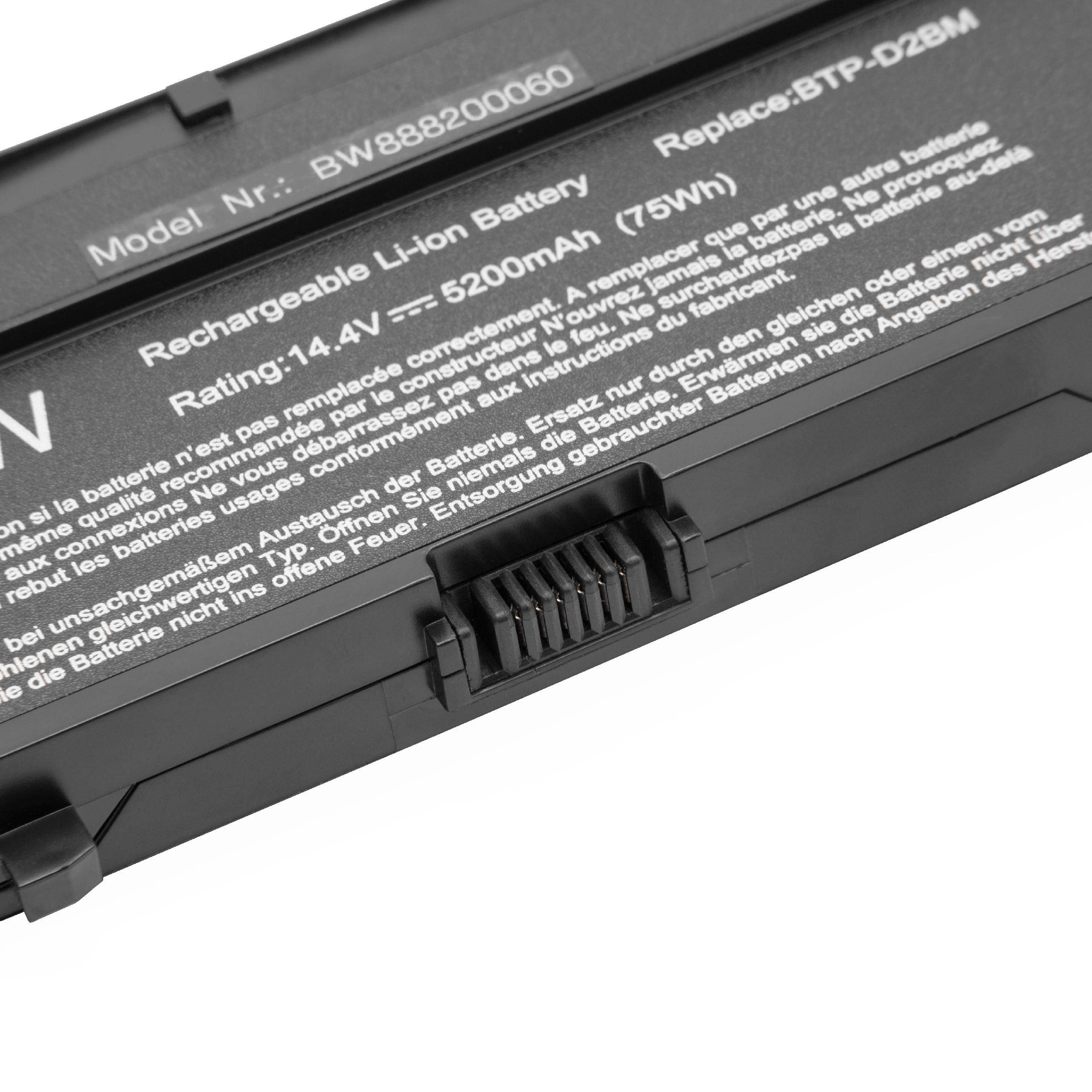 Wiederaufladbare Li-Ionen-Batterie, 14,4V, 5200mAh. Modell BW88200060, Replace-DT20M. Schwarzes rechteckiges Design mit Sicherheitswarnungen.
