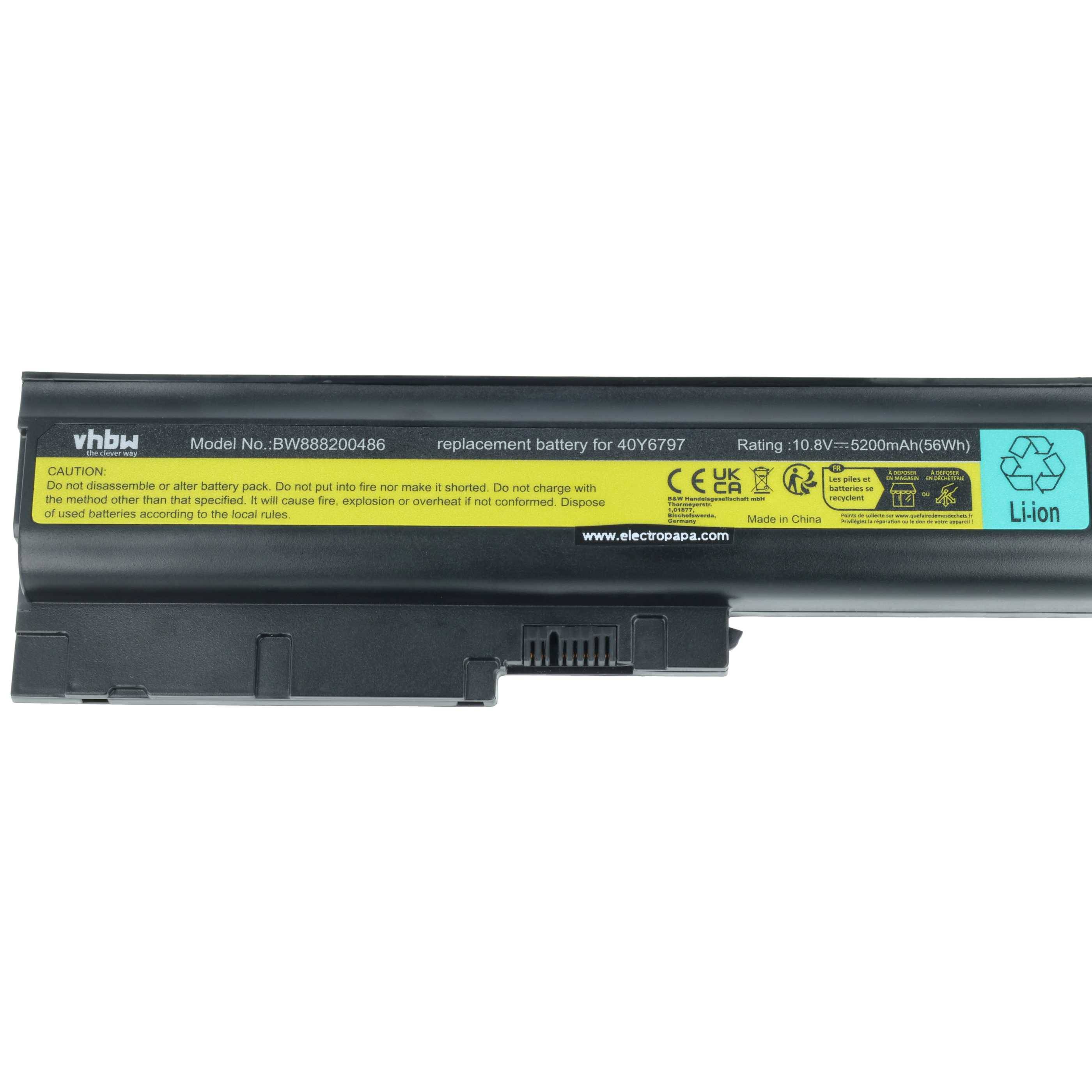 vhbw Akku Ersatz für IBM / Lenovo 40Y6797, 40Y6798, 40Y6799, 41N5666, 40Y6795, 41U3196 für Notebook (5200 mAh, 10,8 V, Li-Ion)