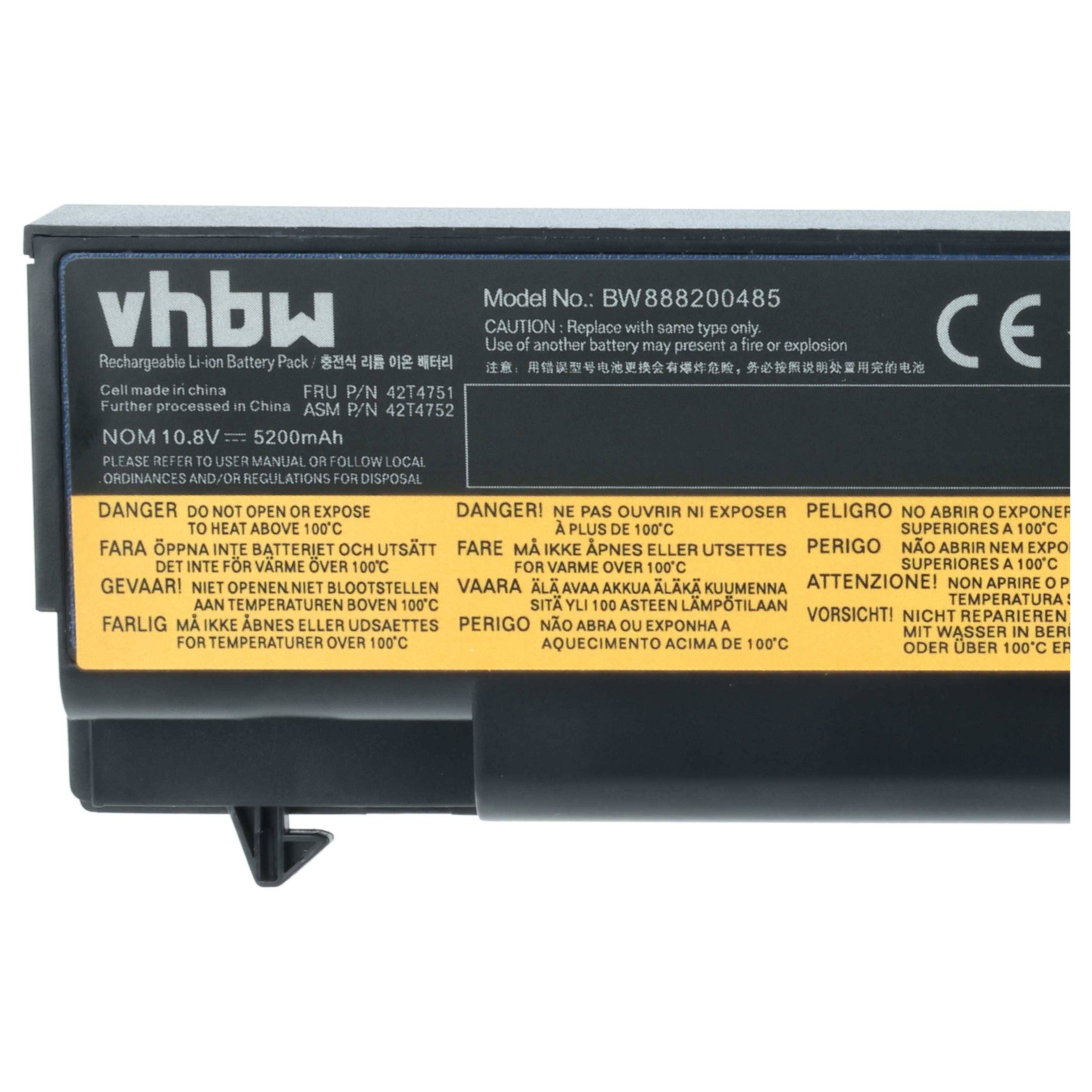 vhbw Akku Ersatz für Lenovo FRU 42T4731, FRU 42T4714, FRU 42T4735, FRU 42T4737 für Notebook (5200 mAh, 10,8 V, Li-Ion)