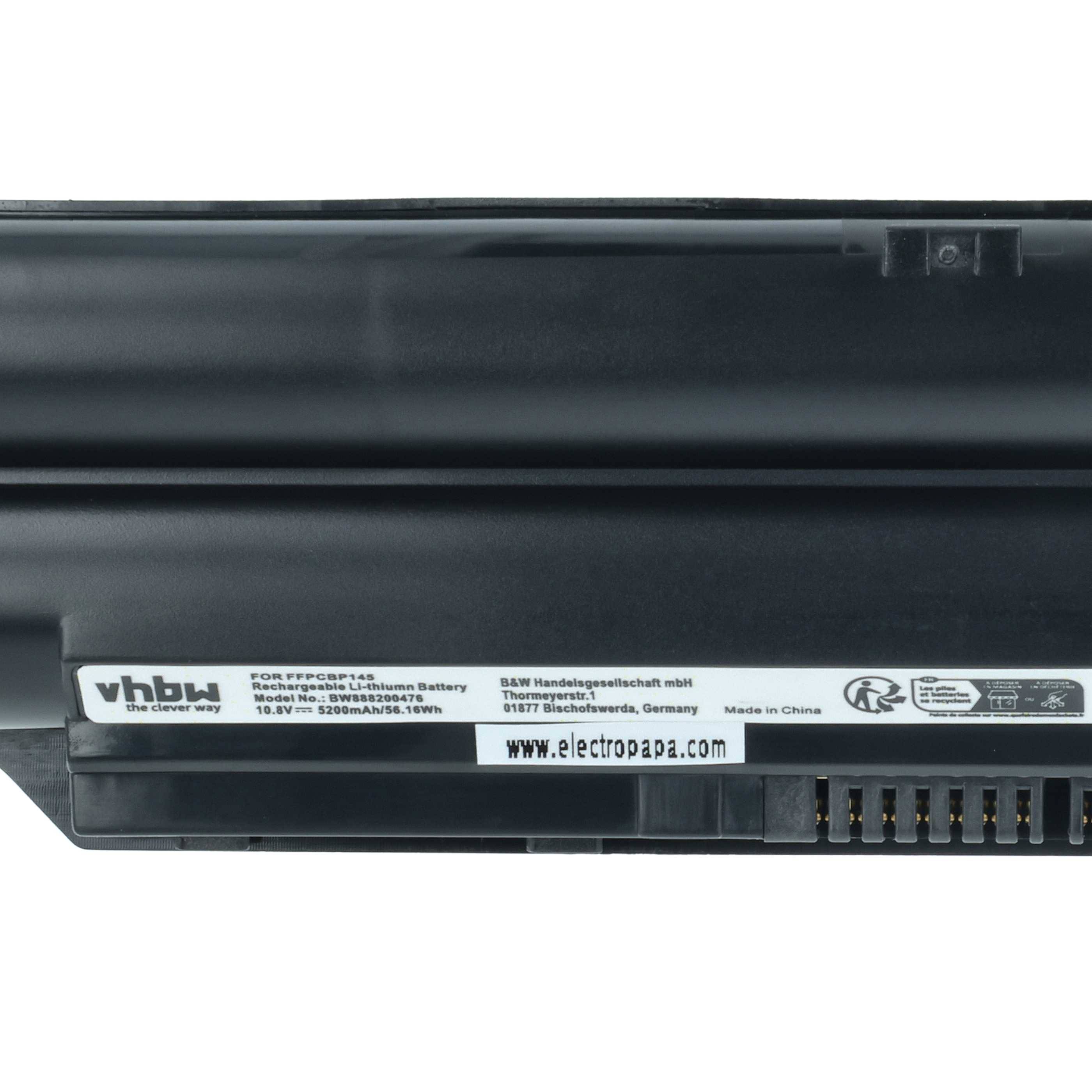 Eine schwarze Lithium-Ionen-Laptop-Batterie mit Markenbeschriftung. Text lautet „vhbw Laptop-Batterie