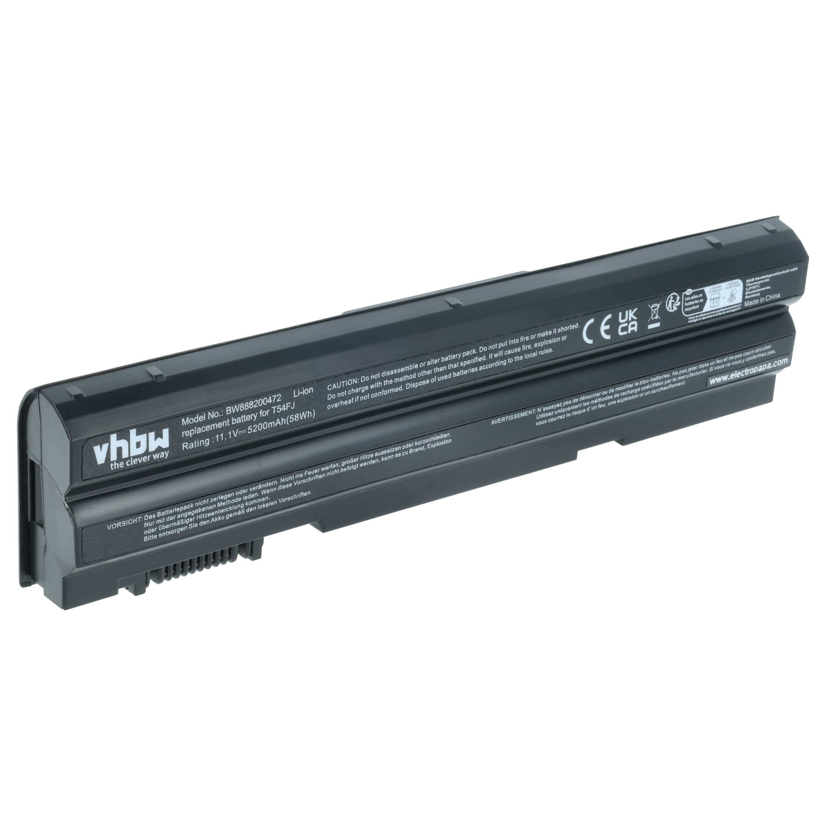 Ein schwarzer Laptop-Akku mit dem 'vhbw' Logo und darauf gedruckten Spezifikationen, der eine Spannung von 10,8V und eine Kapazität von 5200mAh aufweist.