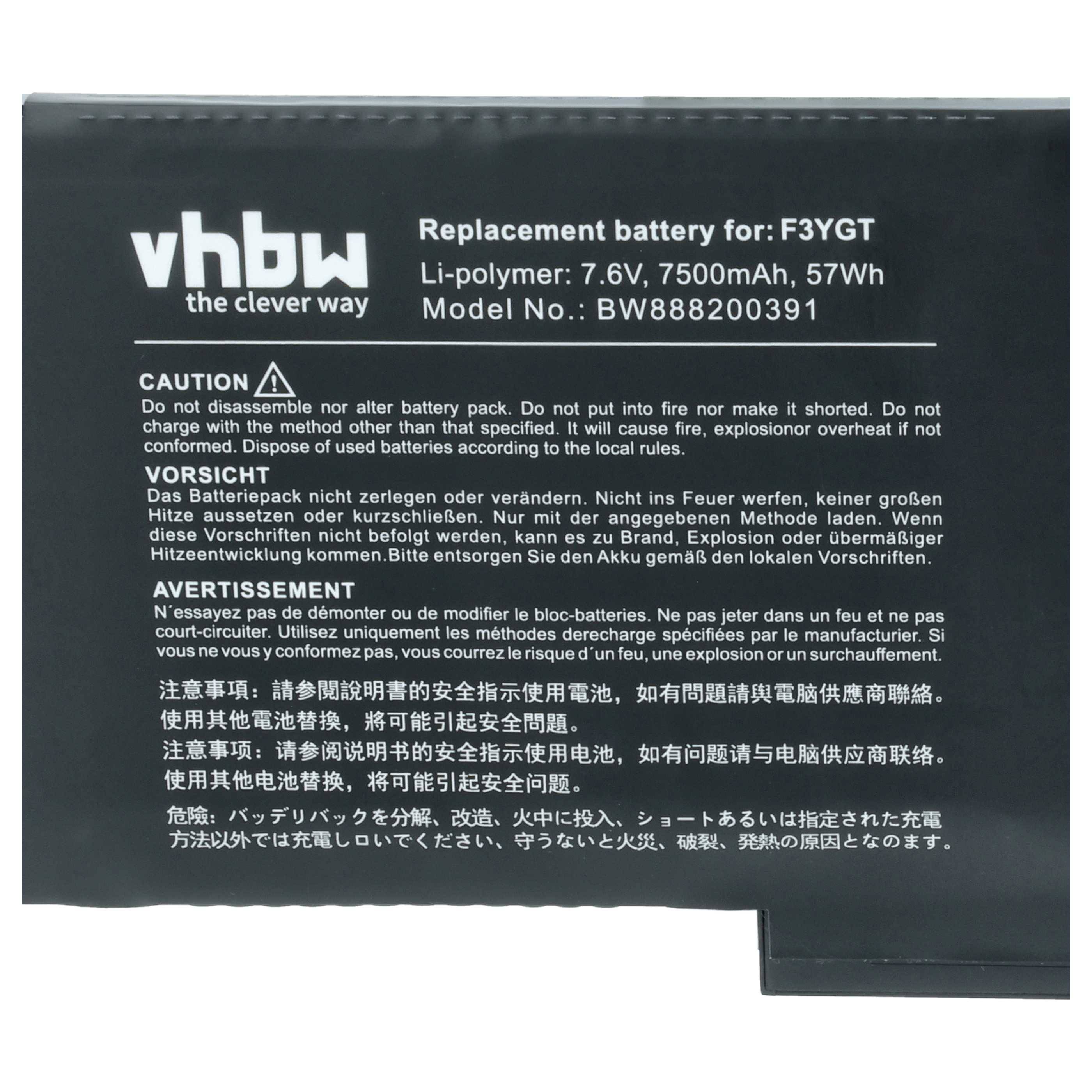 vhbw Akku Ersatz für Dell MYJ96, F3YGT, DM3WC, V4940, DM6WC, KG7VF für Notebook (7500 mAh, 7,6 V, Li-Ion)