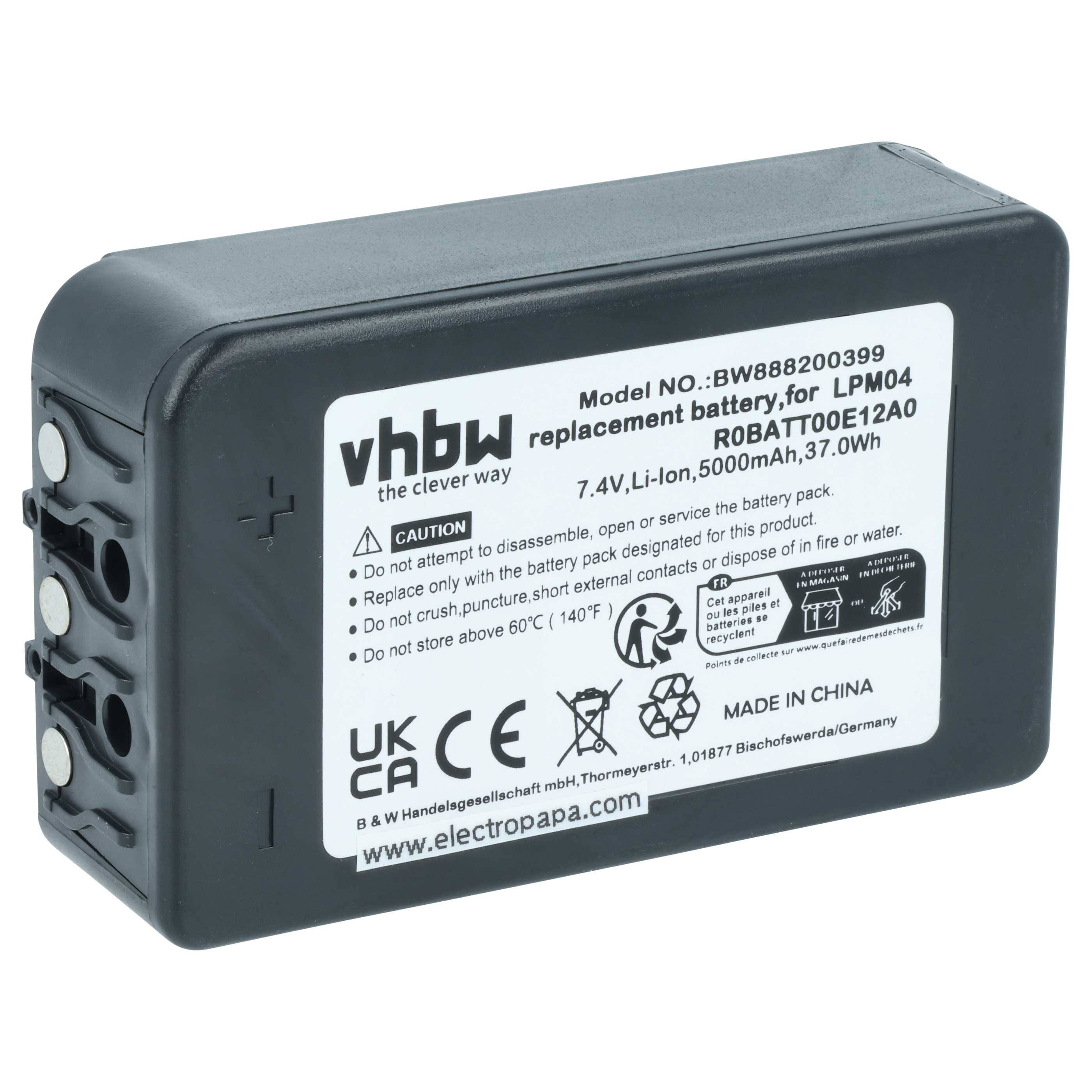 Schwarzer Ersatz-Akku für LPM04, Modell BW888200399, 7,4V, 5000mAh, 37,0Wh. Sicherheitssymbole und Hinweise auf der Seite gedruckt.