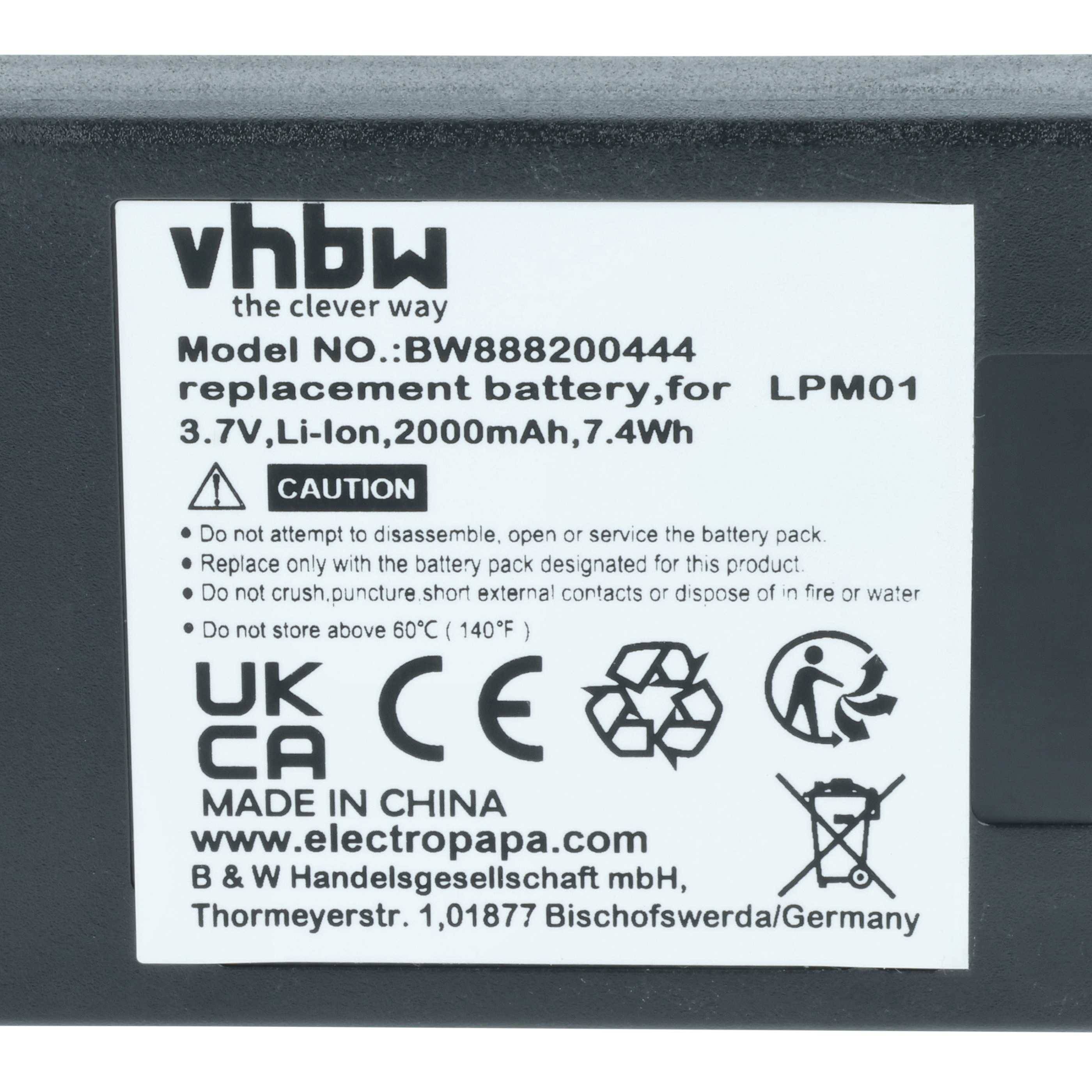 Batterie-Etikett mit 'vhbw' Logo, Modellnummer BW888200444, Spezifikationen: 3,7V, Li-Ion, 2000mAh, 7,4Wh, und Sicherheitswarnungen.