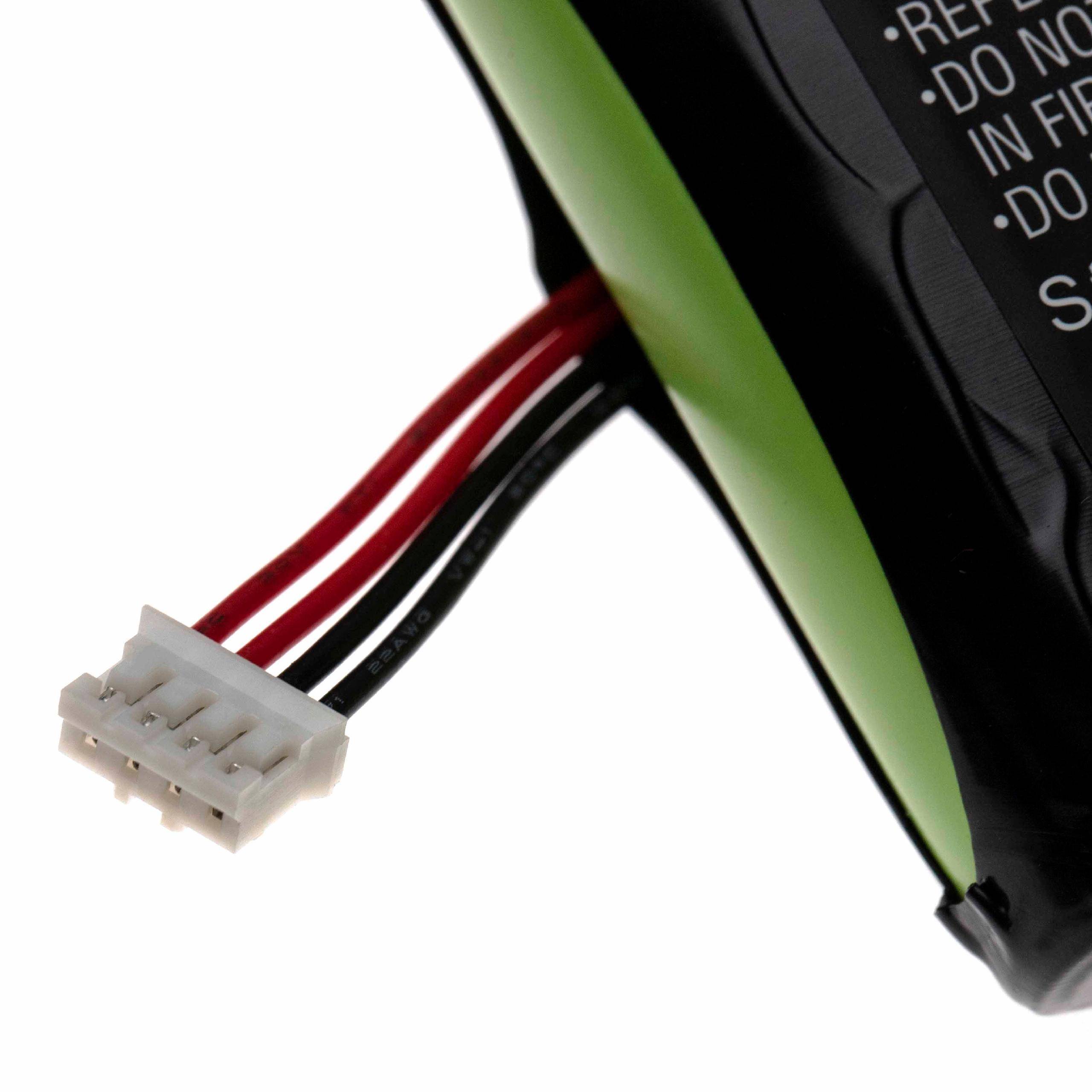 Nahaufnahme eines Batteriepacks mit einem weißen Stecker und roten, schwarzen und rot/schwarzen Kabeln, die daran angebracht sind.