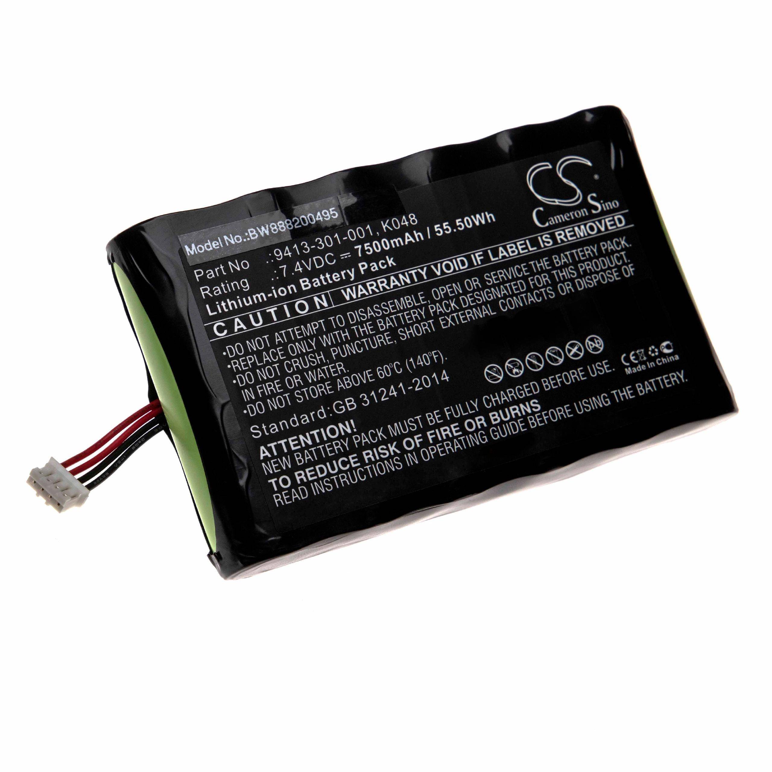 Schwarzes Lithium-Ionen-Batteriepack mit roten und schwarzen Anschlussleitungen und gedrucktem Warnschild.