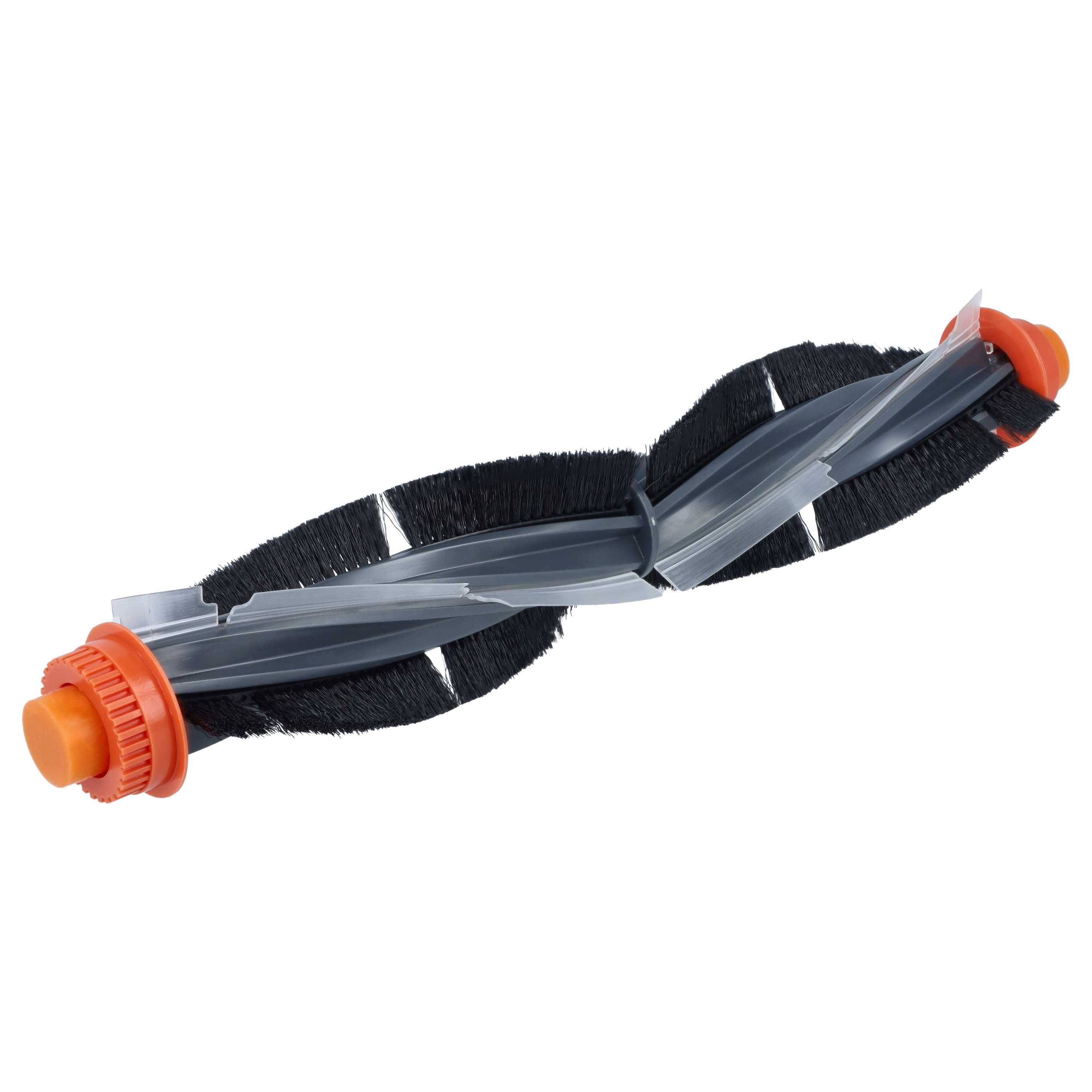 Eine schwarze Walzenbürste mit Borsten, grauen spiralförmigen Rippen und orangefarbenen Endkappen auf weißem Hintergrund.