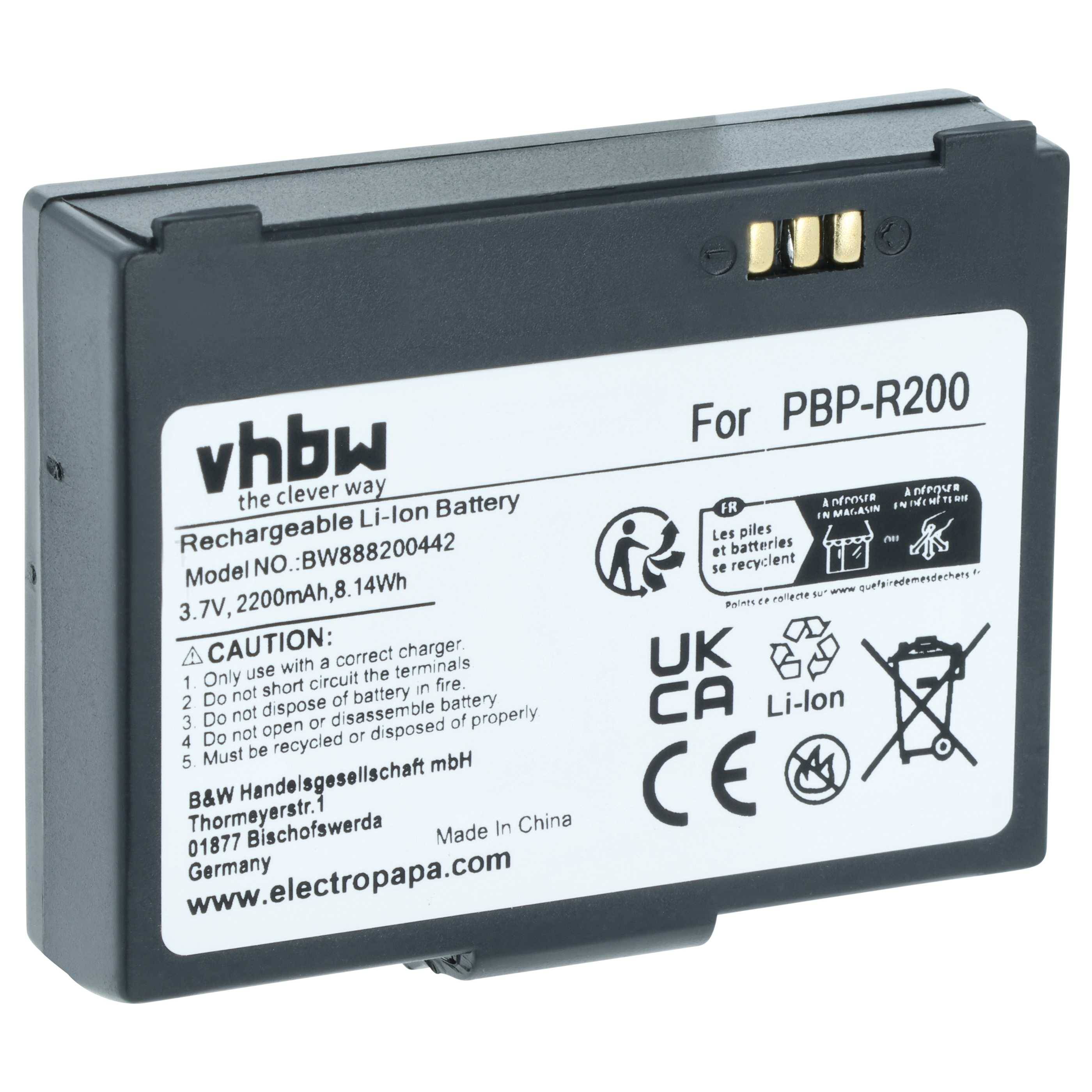 vhbw 1x Akku kompatibel mit Bixolon SPP-R300, SPP-R200/II, SPP-R400 Drucker Kopierer Scanner Etiketten-Drucker (2200 mAh, 3,7 V, Li-Ion)