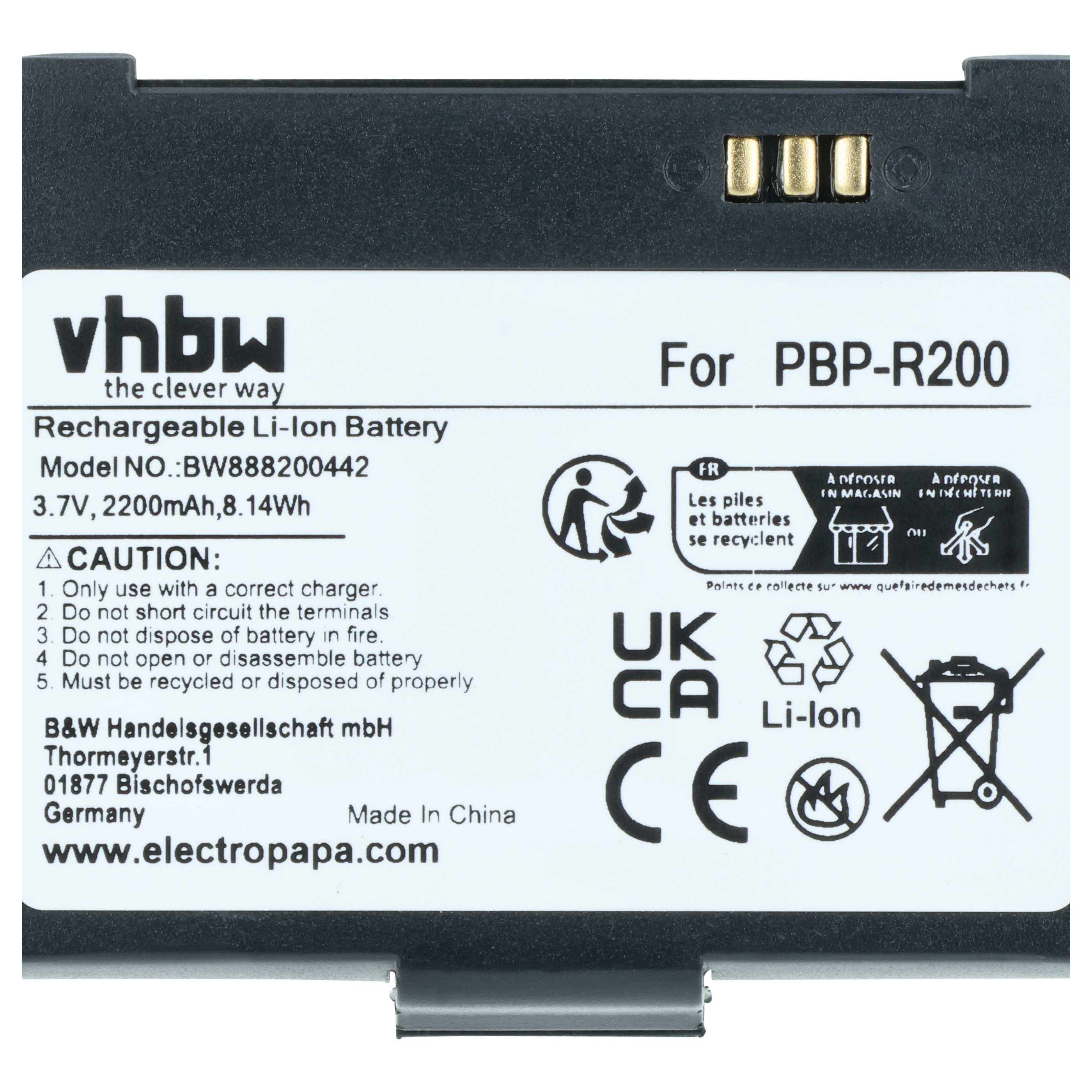 vhbw 1x Akku kompatibel mit Bixolon SPP-R300, SPP-R200/II, SPP-R400 Drucker Kopierer Scanner Etiketten-Drucker (2200 mAh, 3,7 V, Li-Ion)