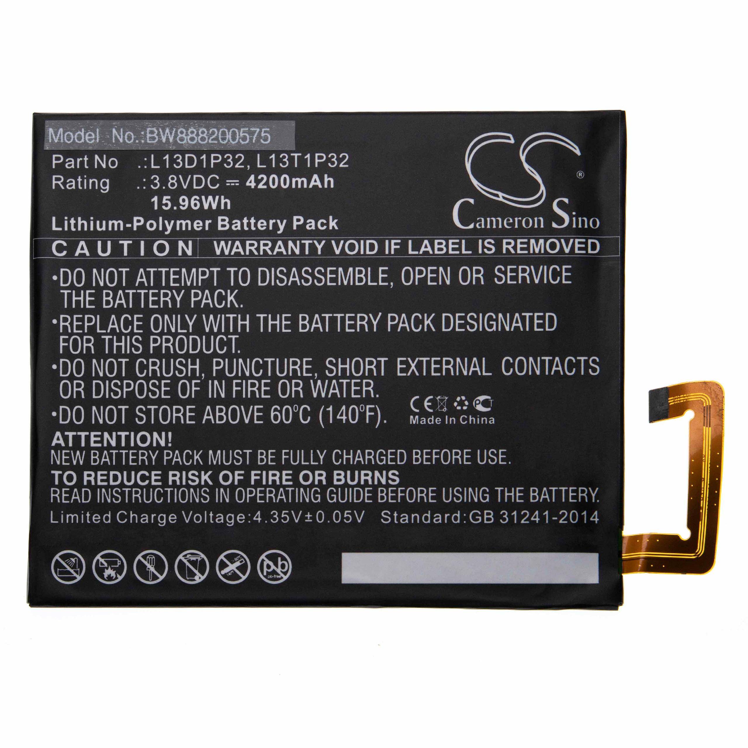 Batteriepack-Etikett mit Spezifikationen: 3,8 VDC, 4200 mAh, 15,96 Wh. Warnung: 'Nicht zerlegen, zerquetschen, Außenkontakte nicht kurzschließen oder in Feuer oder Wasser entsorgen.